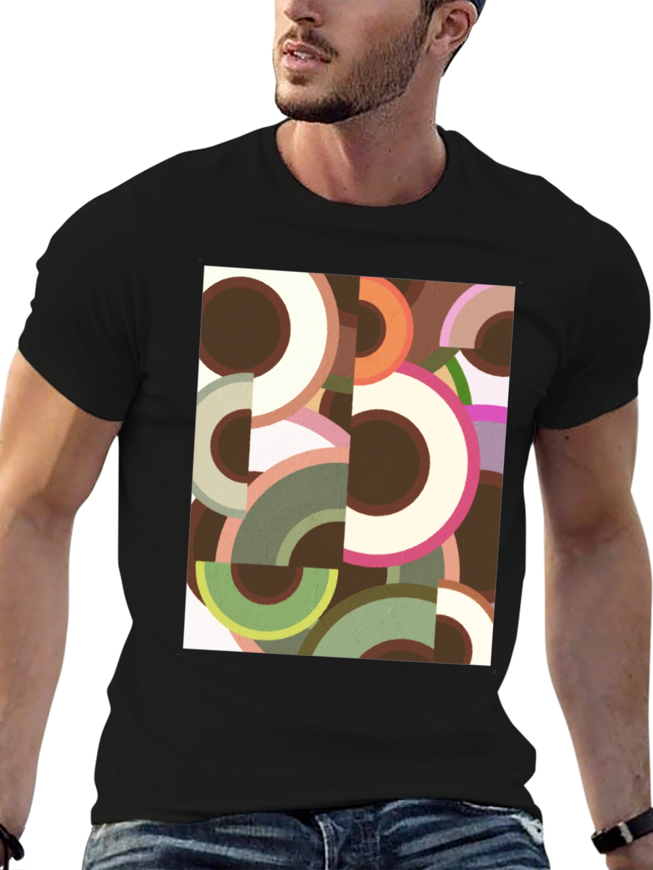 Abstract Geometric Circle Print Black Tee