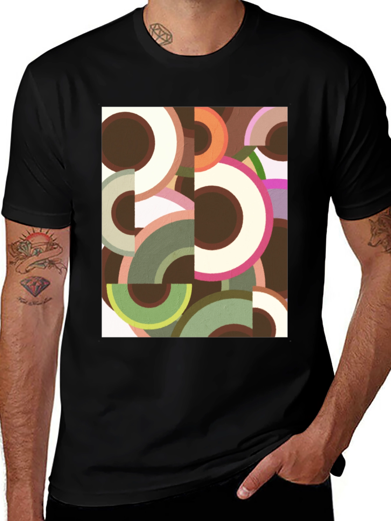Abstract Geometric Circle Print Black Tee