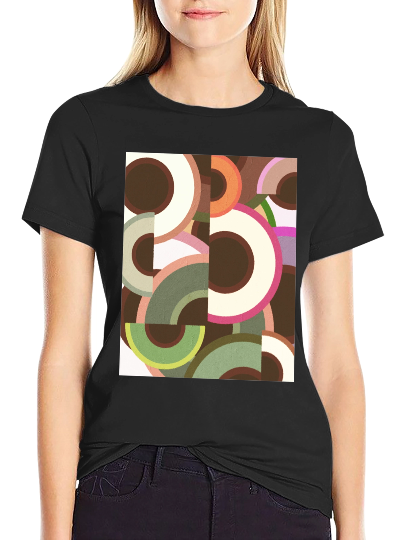 Abstract Geometric Circle Print Black Tee