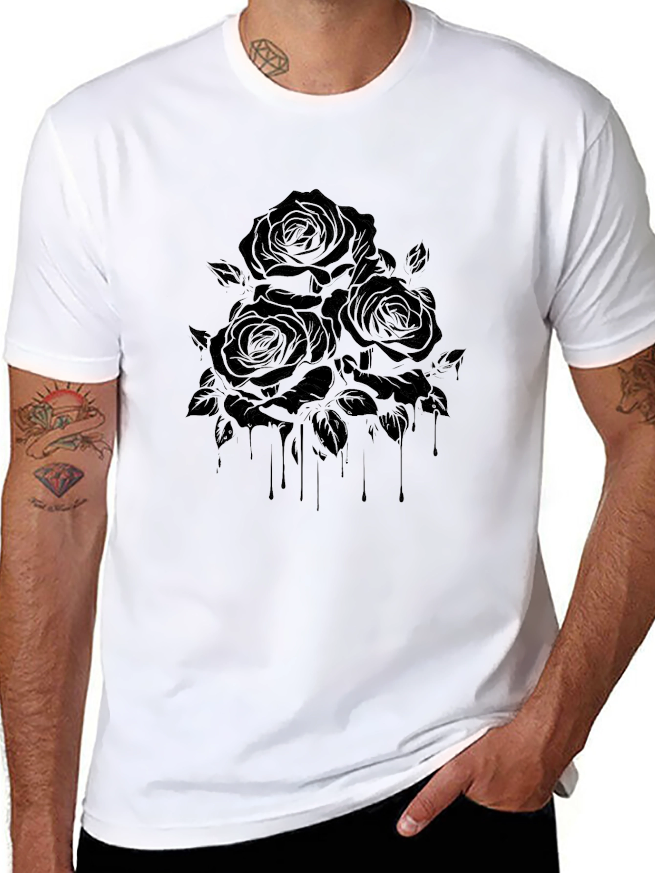 Black Rose Drip Graphic Tee - Modern Gothic Style