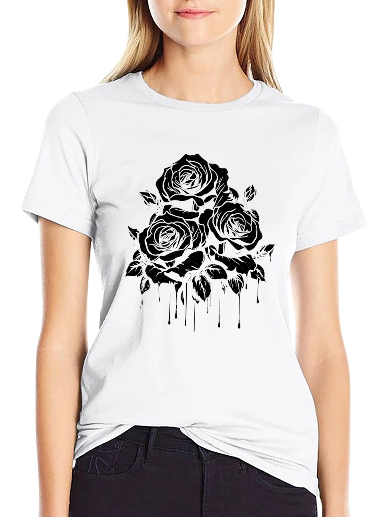 Black Rose Drip Graphic Tee - Modern Gothic Style