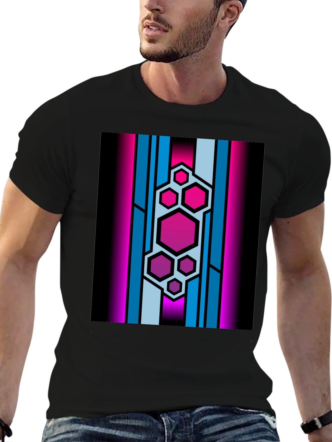 Hexagon Stripe Graphic Black T-Shirt