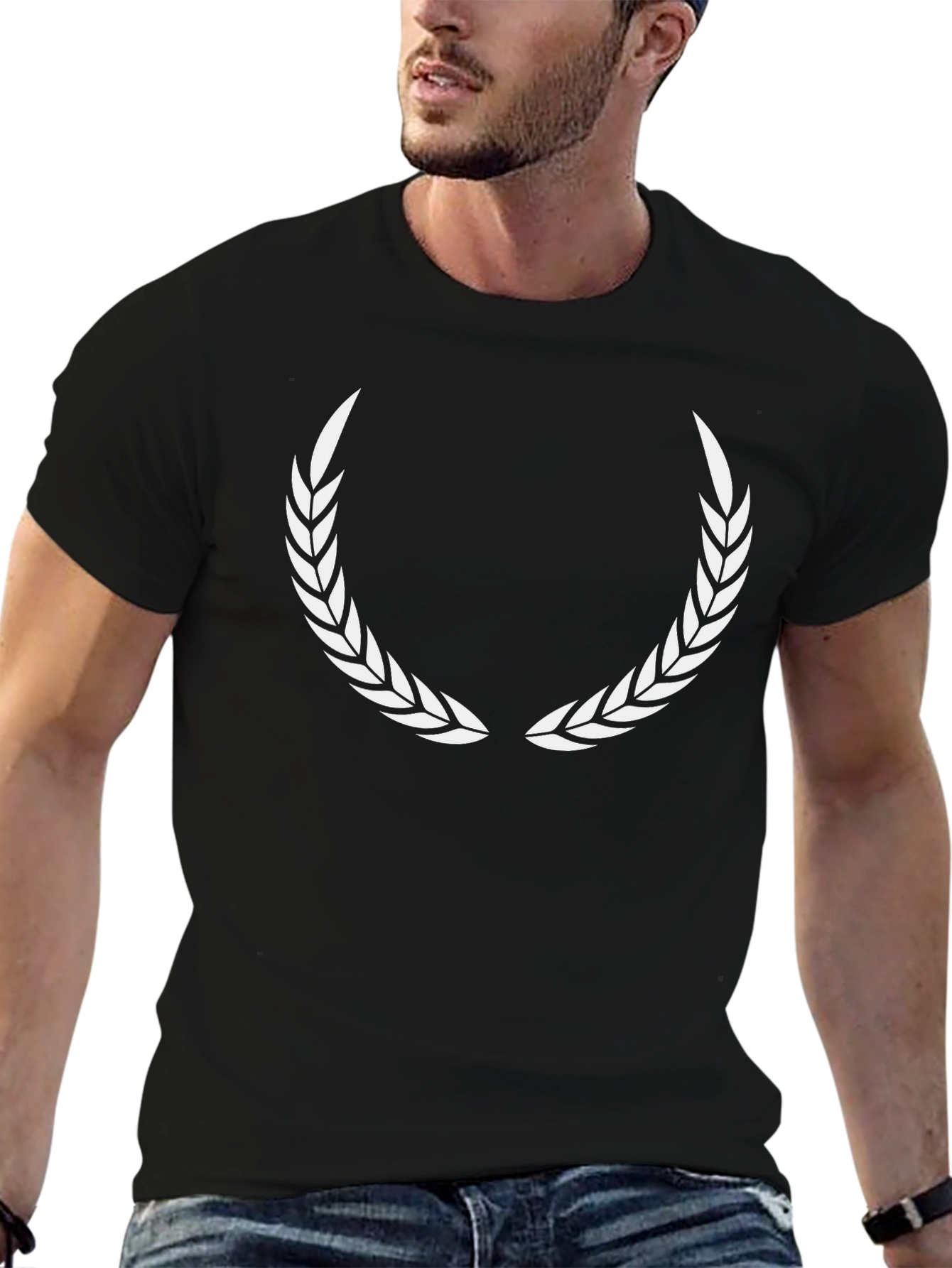 Black T-Shirt with White Laurel Wreath Design
