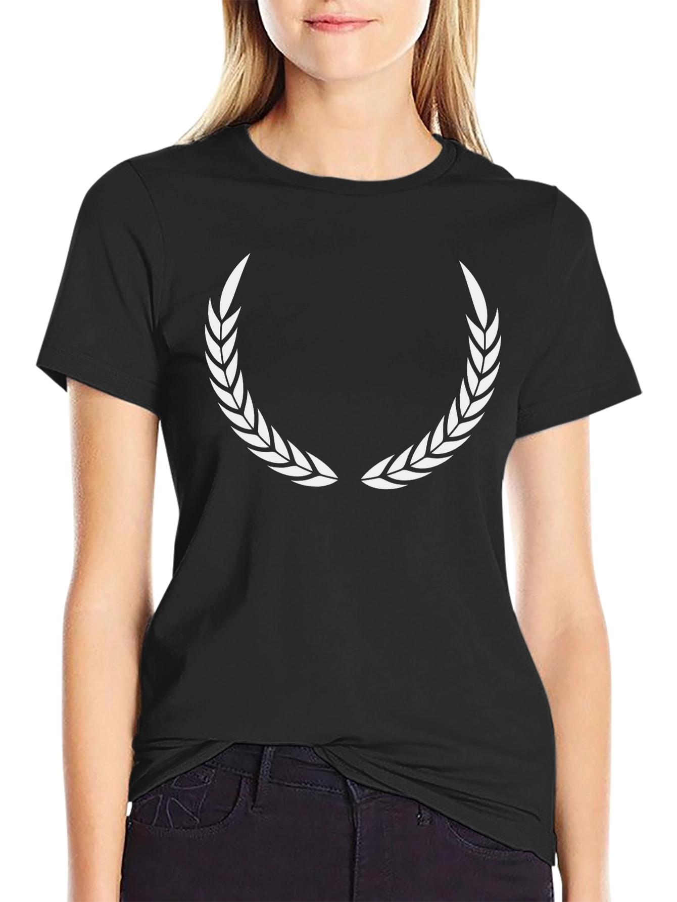 Black T-Shirt with White Laurel Wreath Design