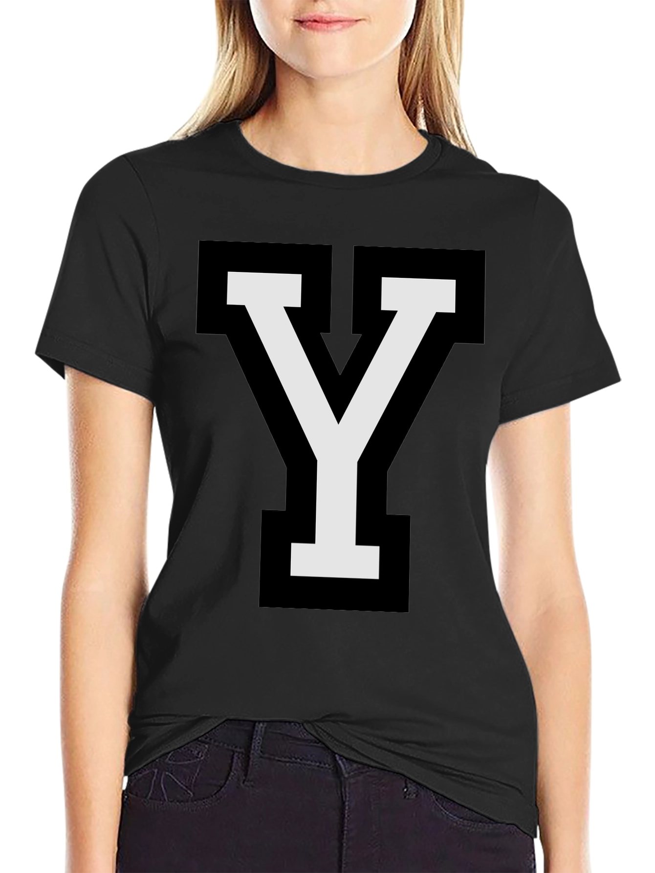 Letter Y Graphic T-Shirt - Casual Black Tee