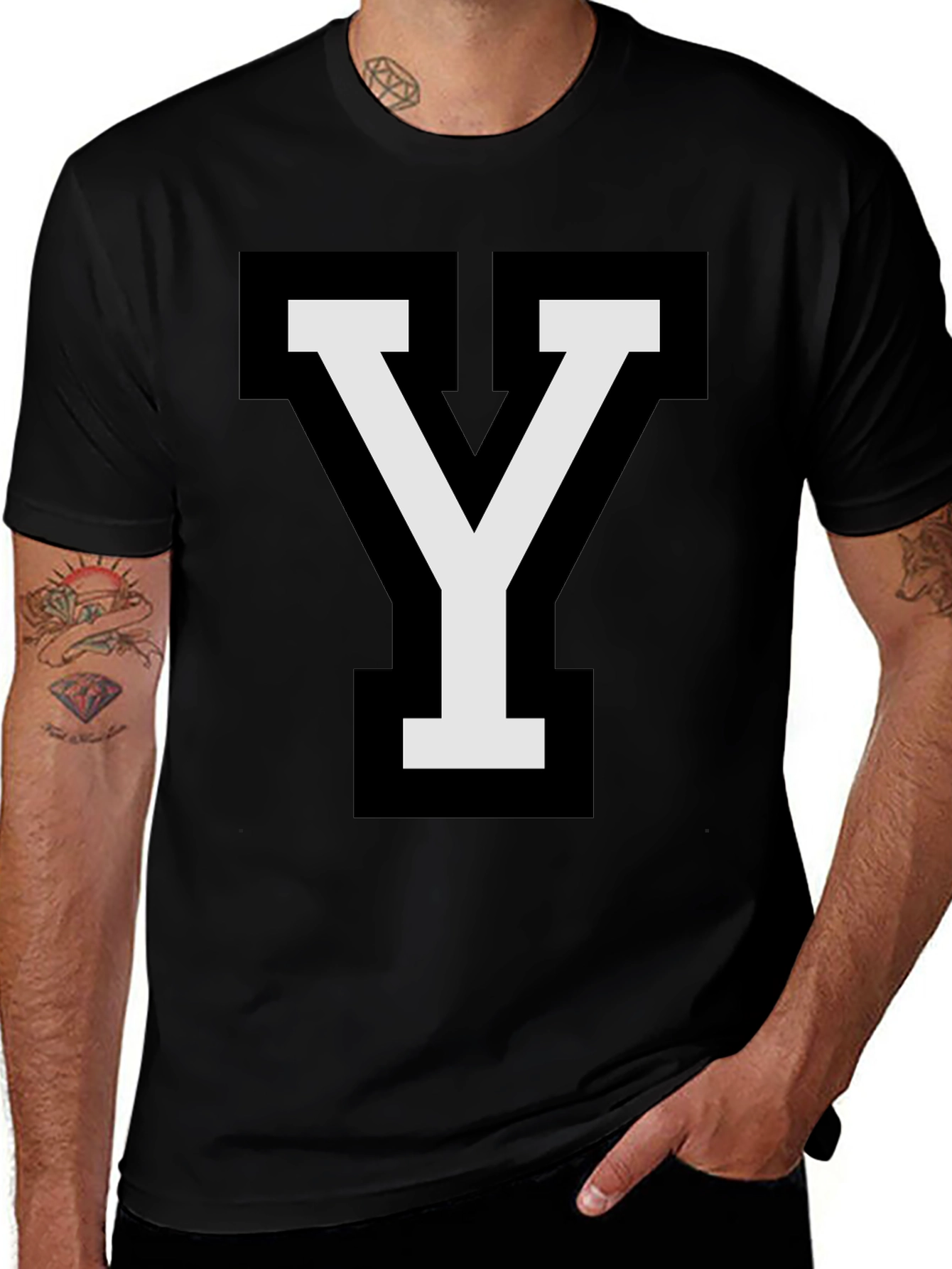 Letter Y Graphic T-Shirt - Casual Black Tee