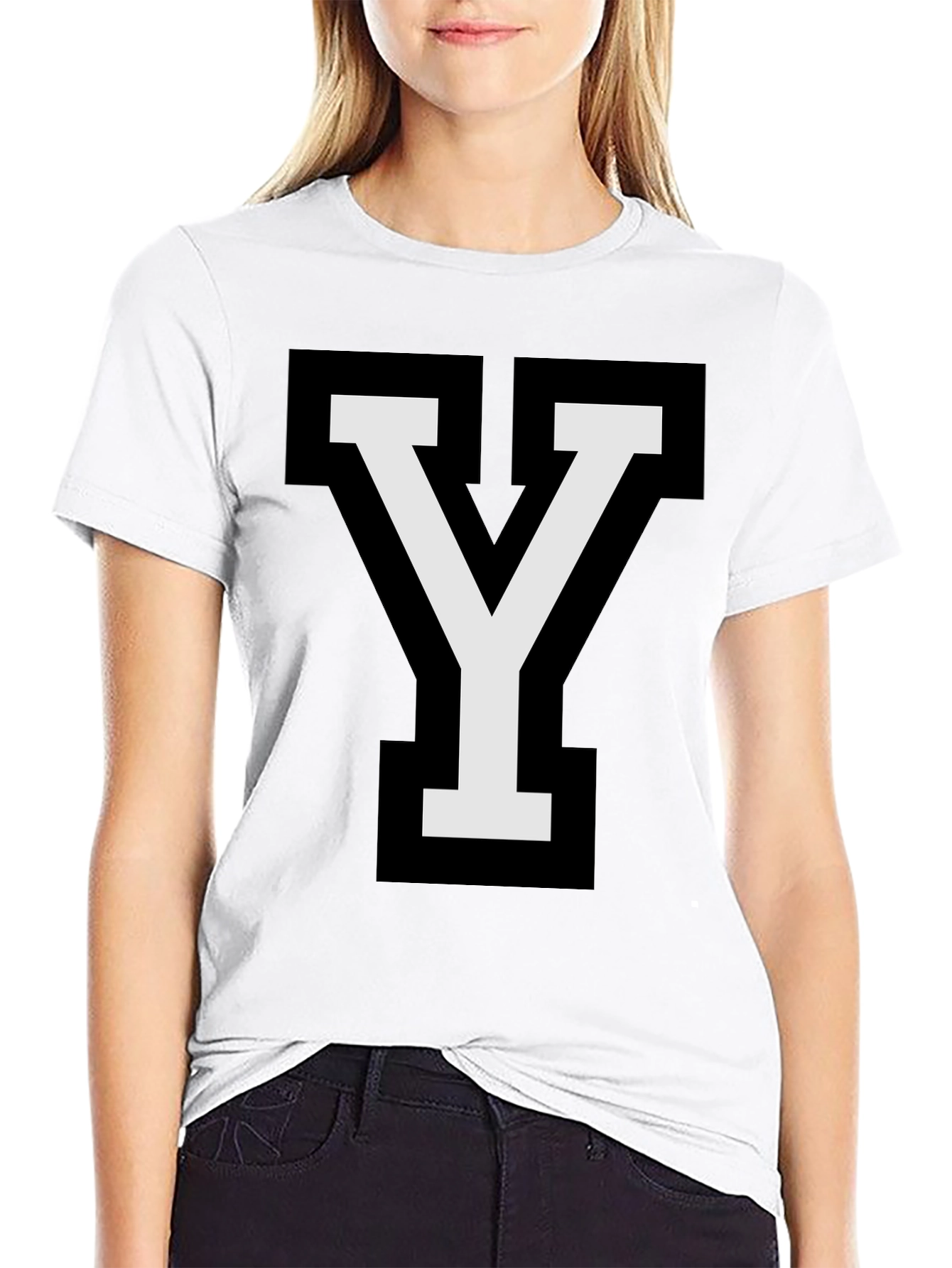 Letter Y Graphic T-Shirt - Casual Black Tee