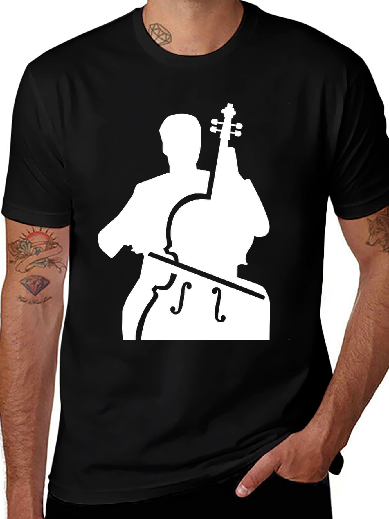 Cello Player Graphic T-Shirt - Black Cotton Blend