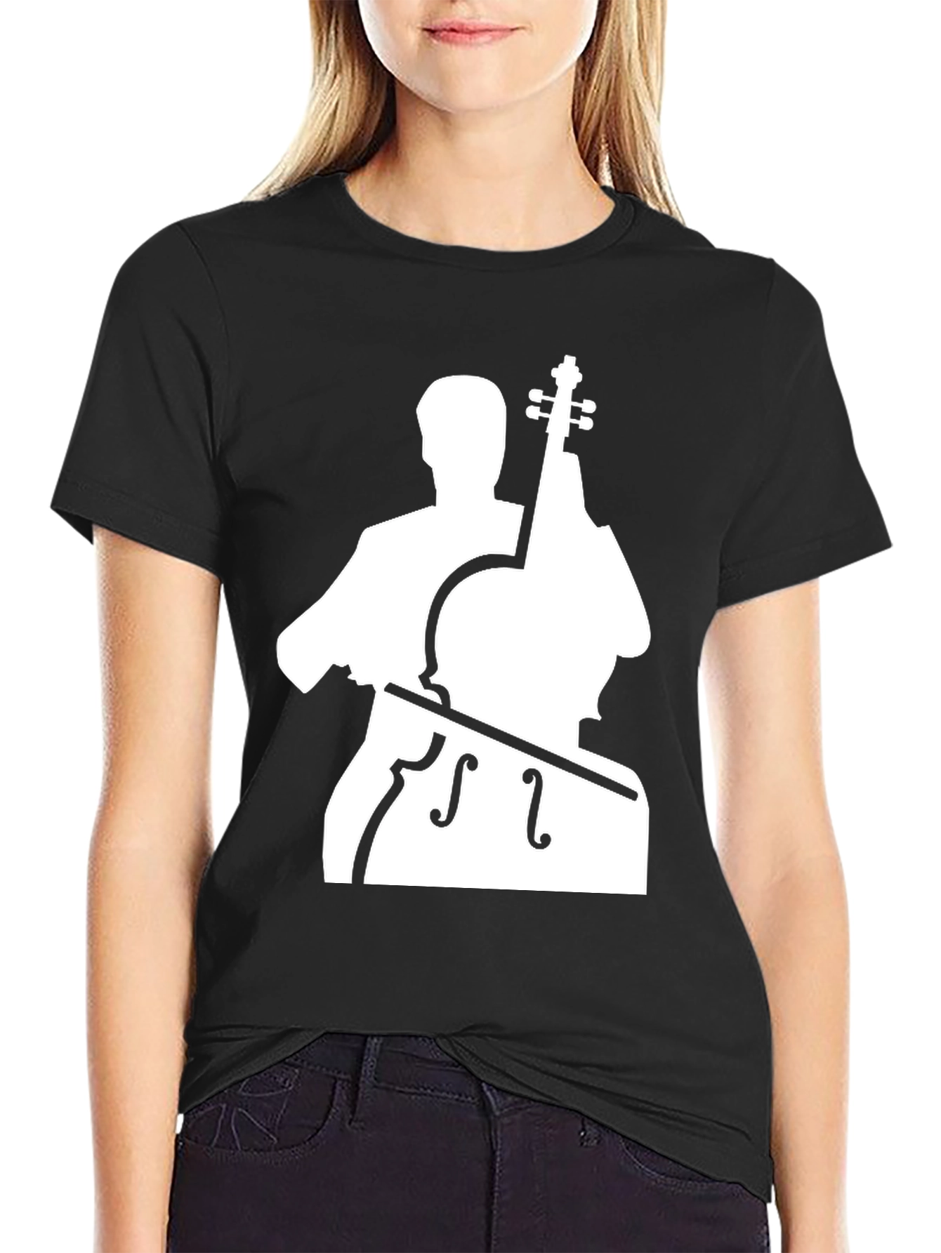 Cello Player Graphic T-Shirt - Black Cotton Blend