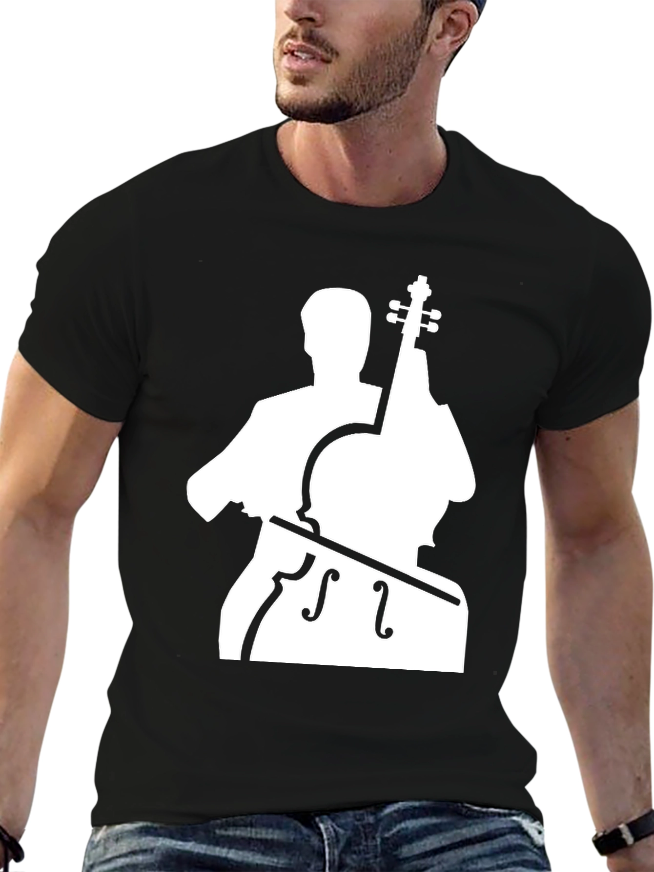 Cello Player Graphic T-Shirt - Black Cotton Blend