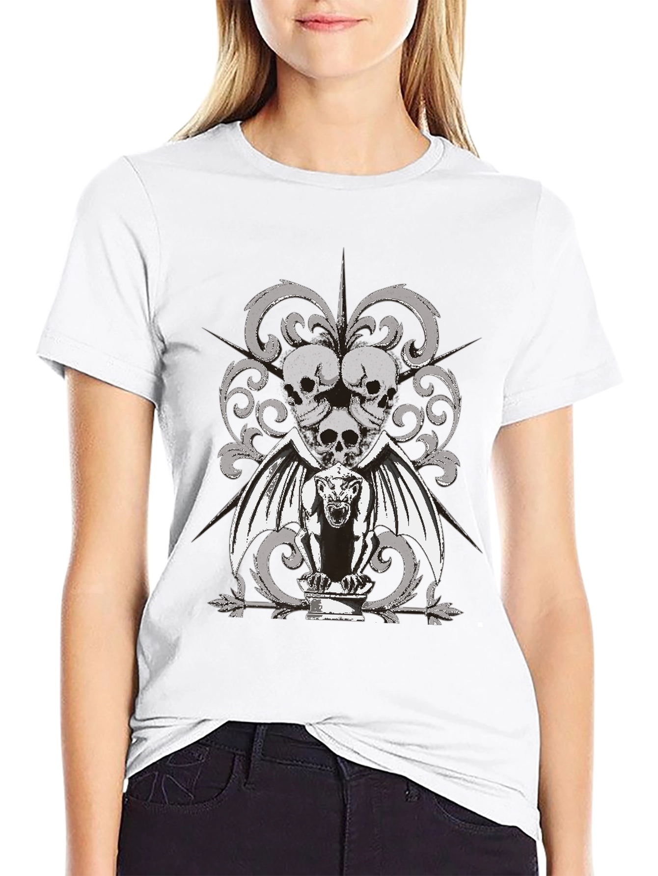 Gothic Skull & Gargoyle Graphic T-Shirt - Black