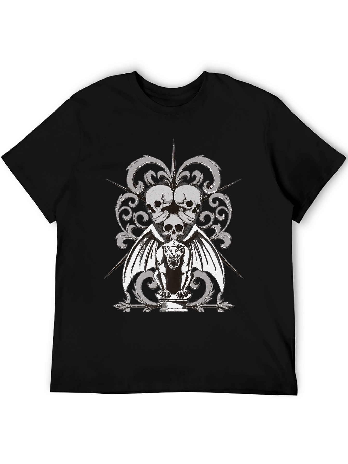 Gothic Skull & Gargoyle Graphic T-Shirt - Black