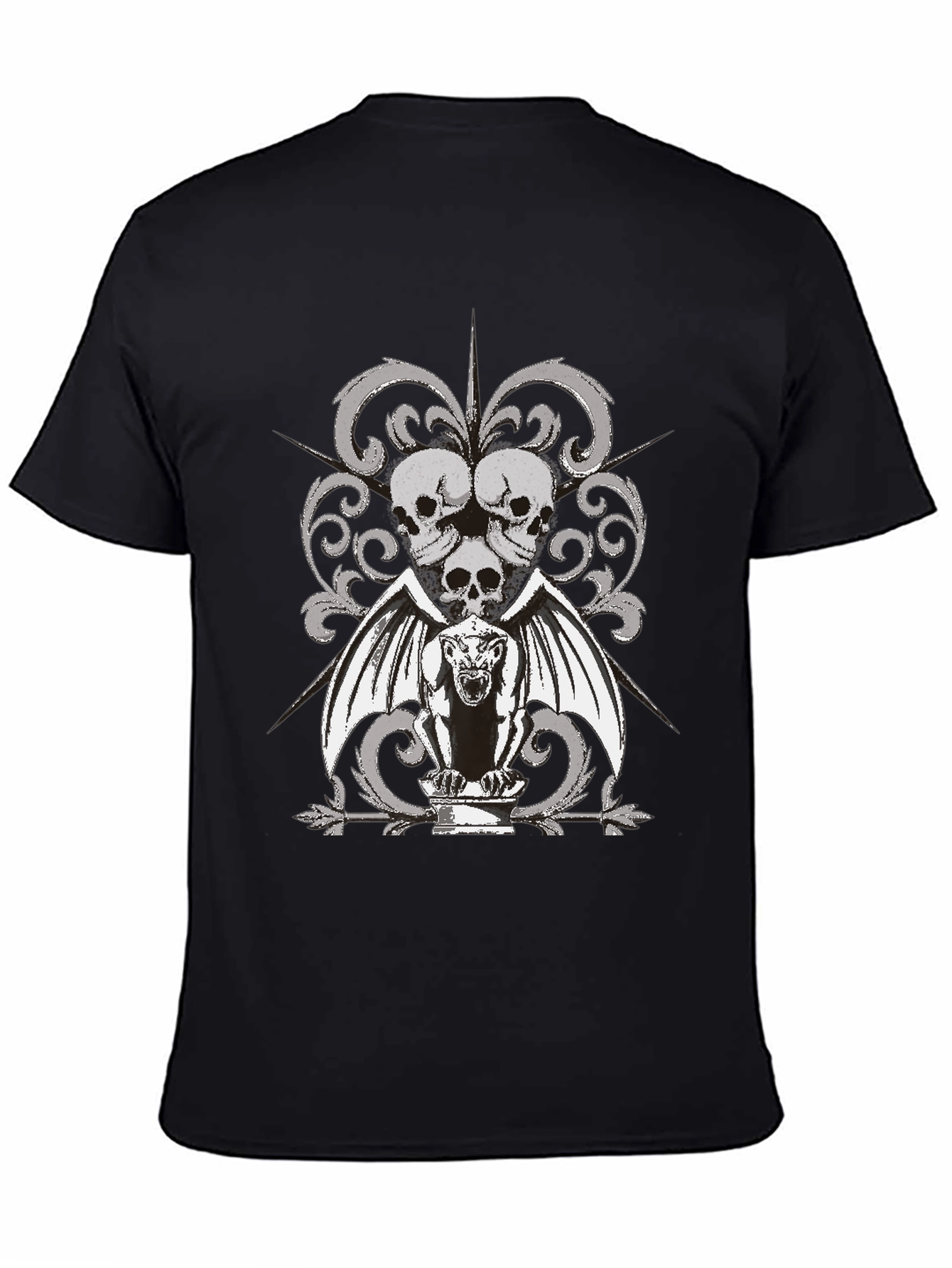 Gothic Skull & Gargoyle Graphic T-Shirt - Black