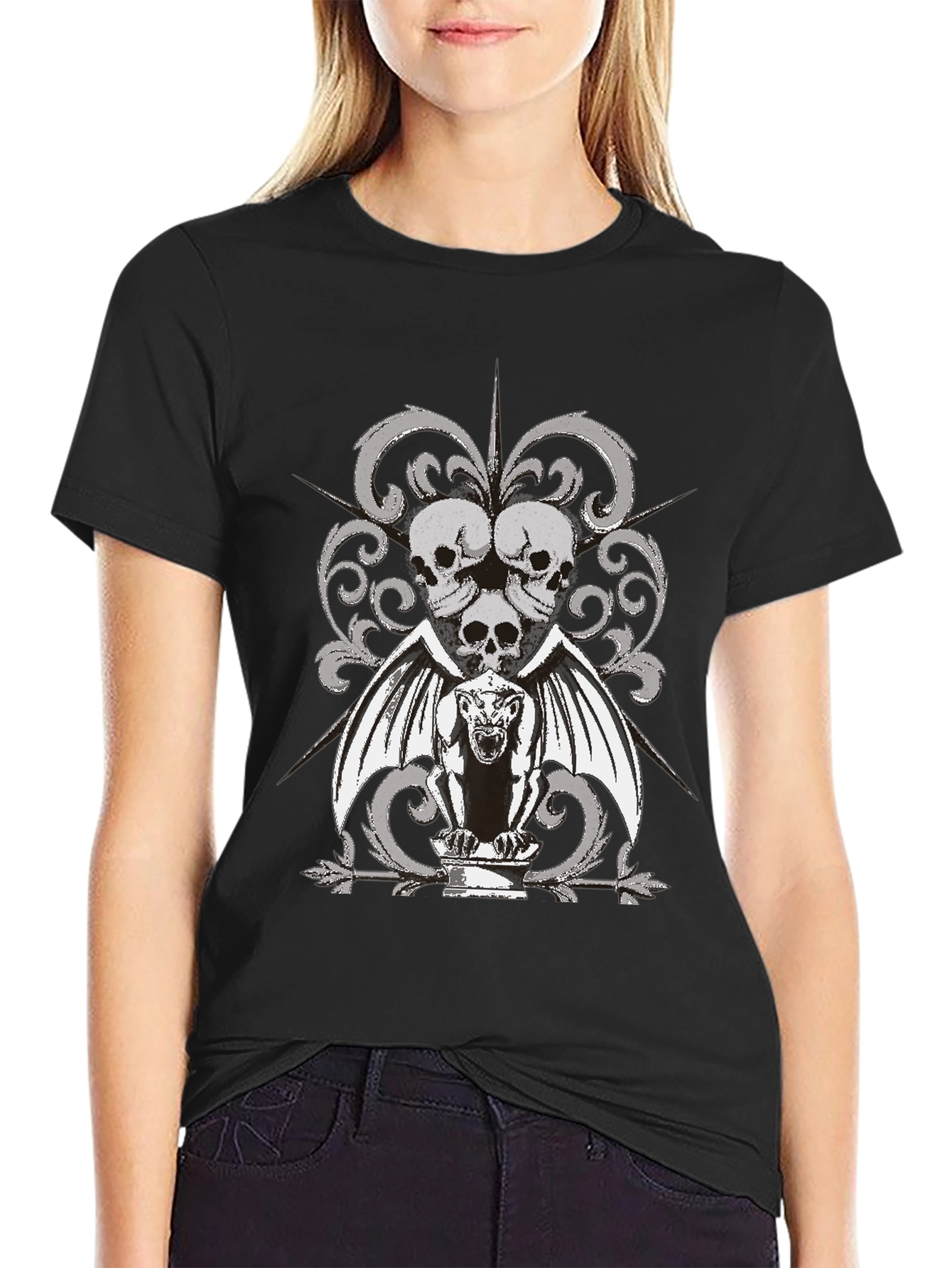 Gothic Skull & Gargoyle Graphic T-Shirt - Black