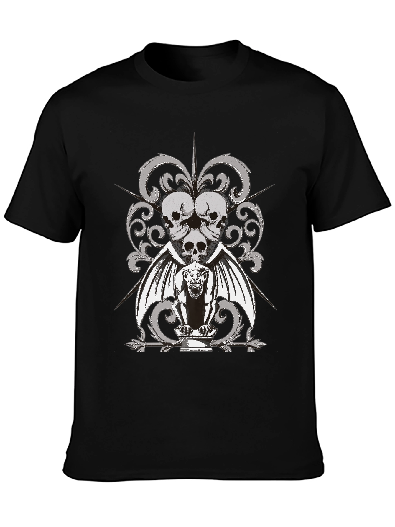 Gothic Skull & Gargoyle Graphic T-Shirt - Black