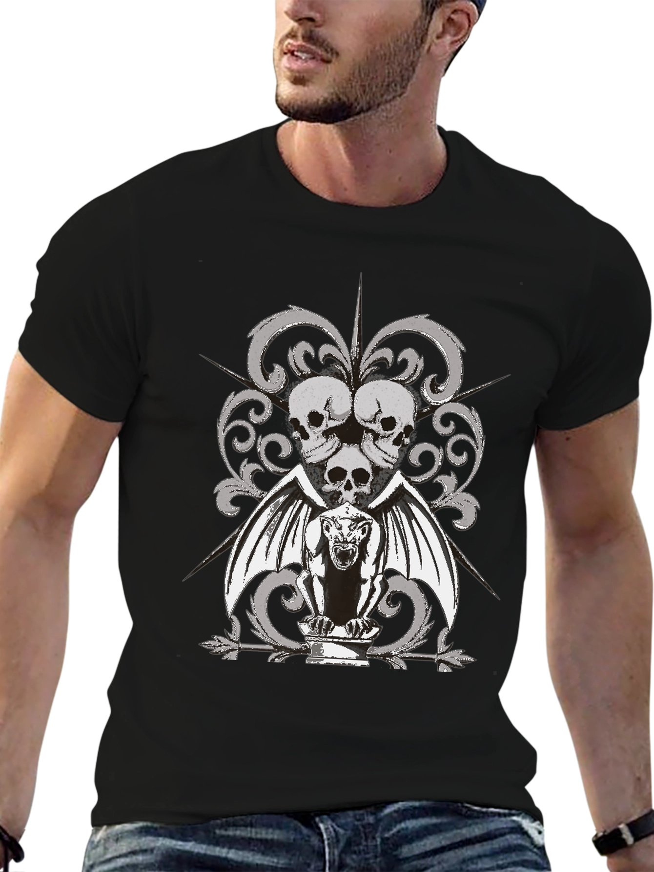 Gothic Skull & Gargoyle Graphic T-Shirt - Black