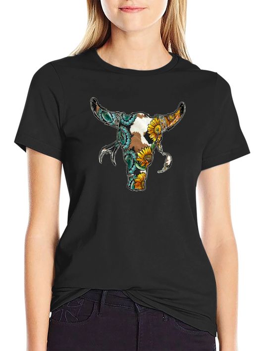 Floral Bull Skull Graphic Tee - Black