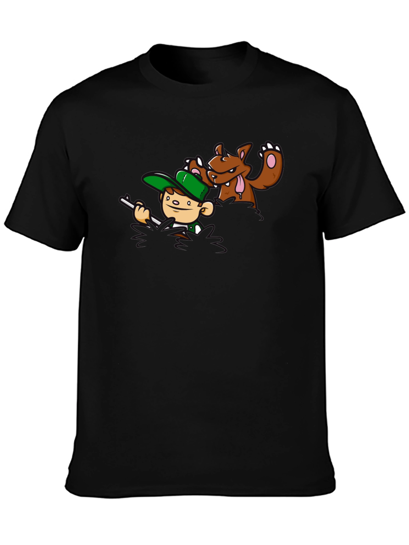 Cartoon Hunter & Bear Black T-Shirt