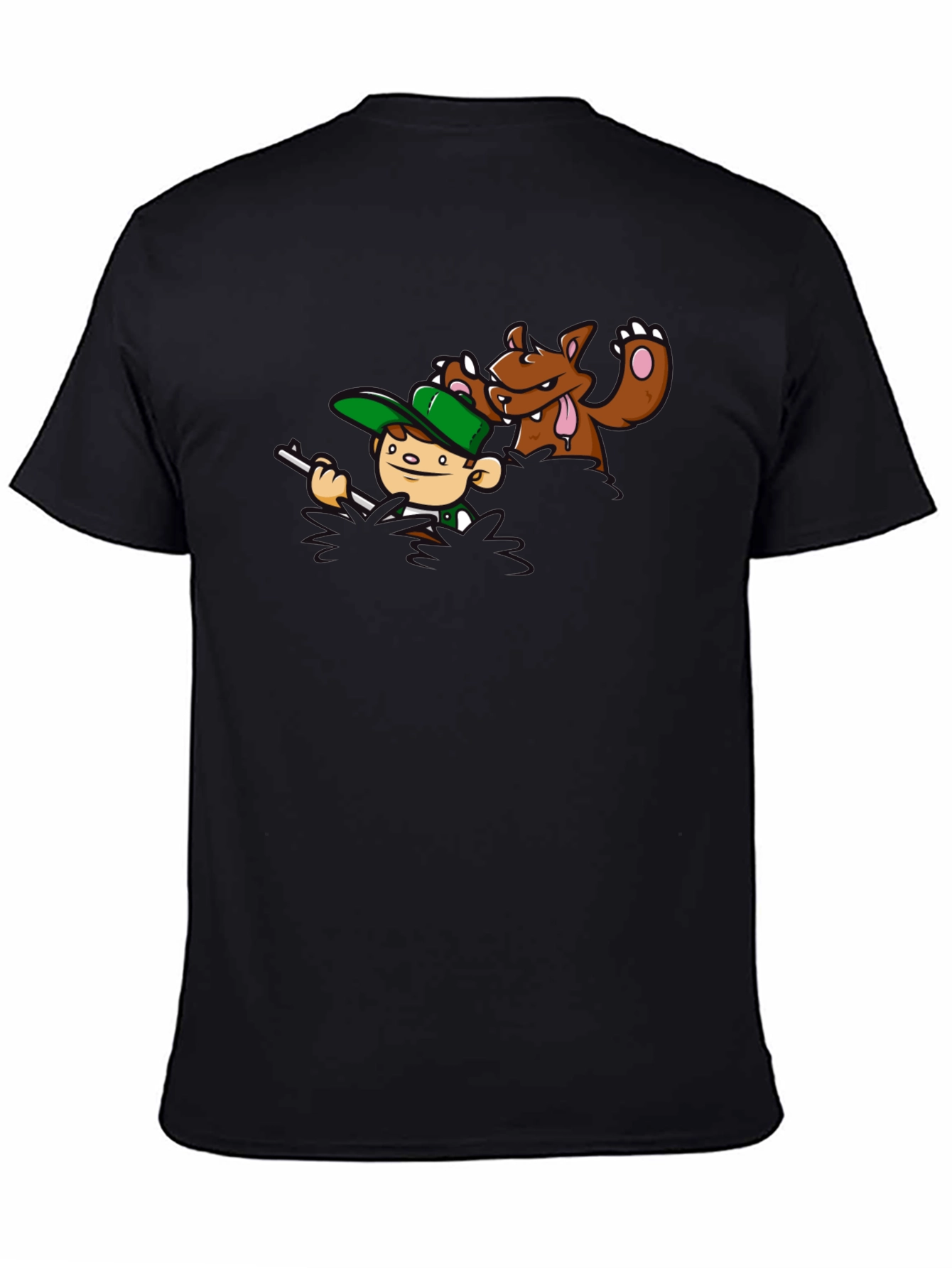 Cartoon Hunter & Bear Black T-Shirt
