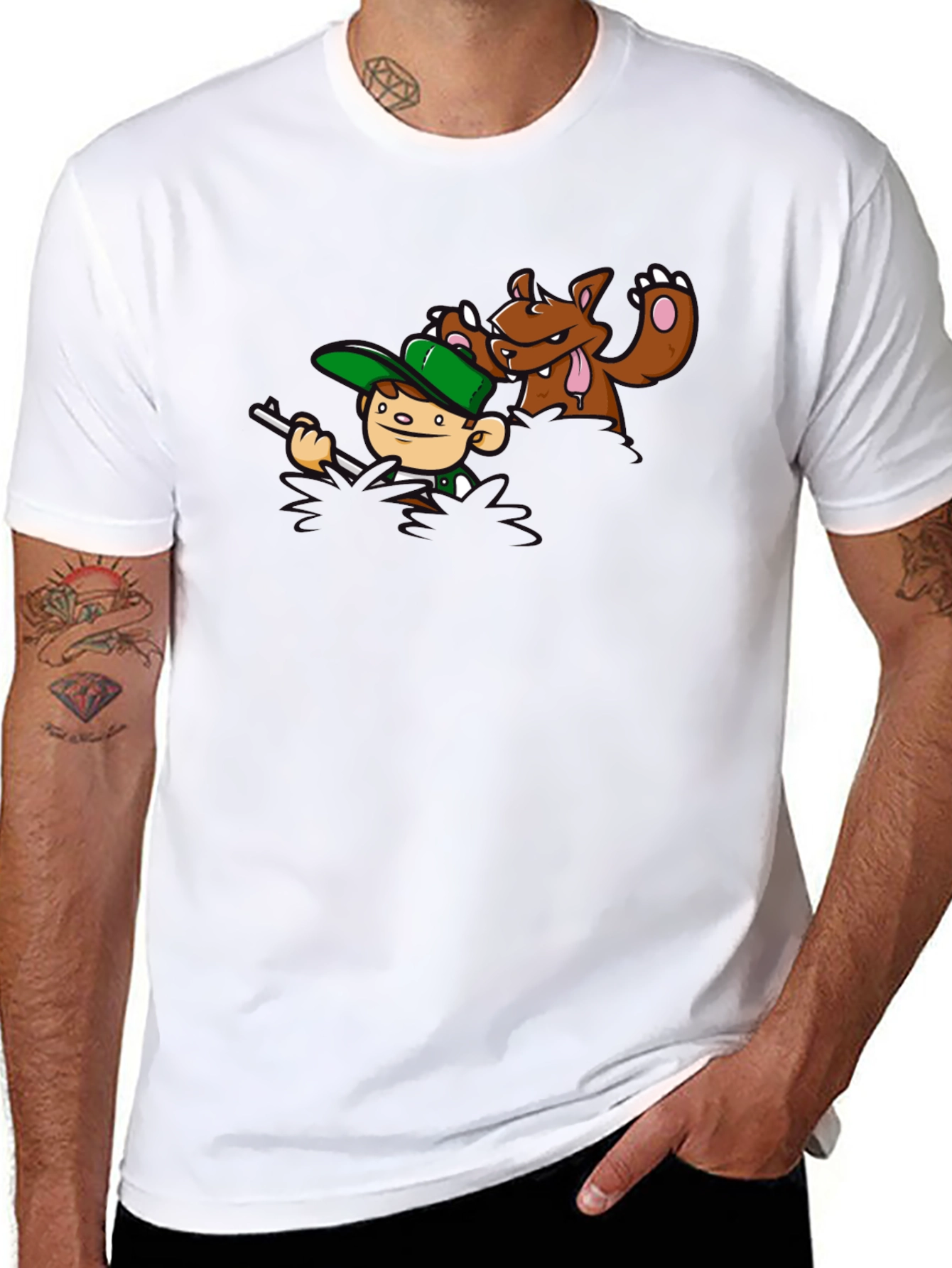 Cartoon Hunter & Bear Black T-Shirt