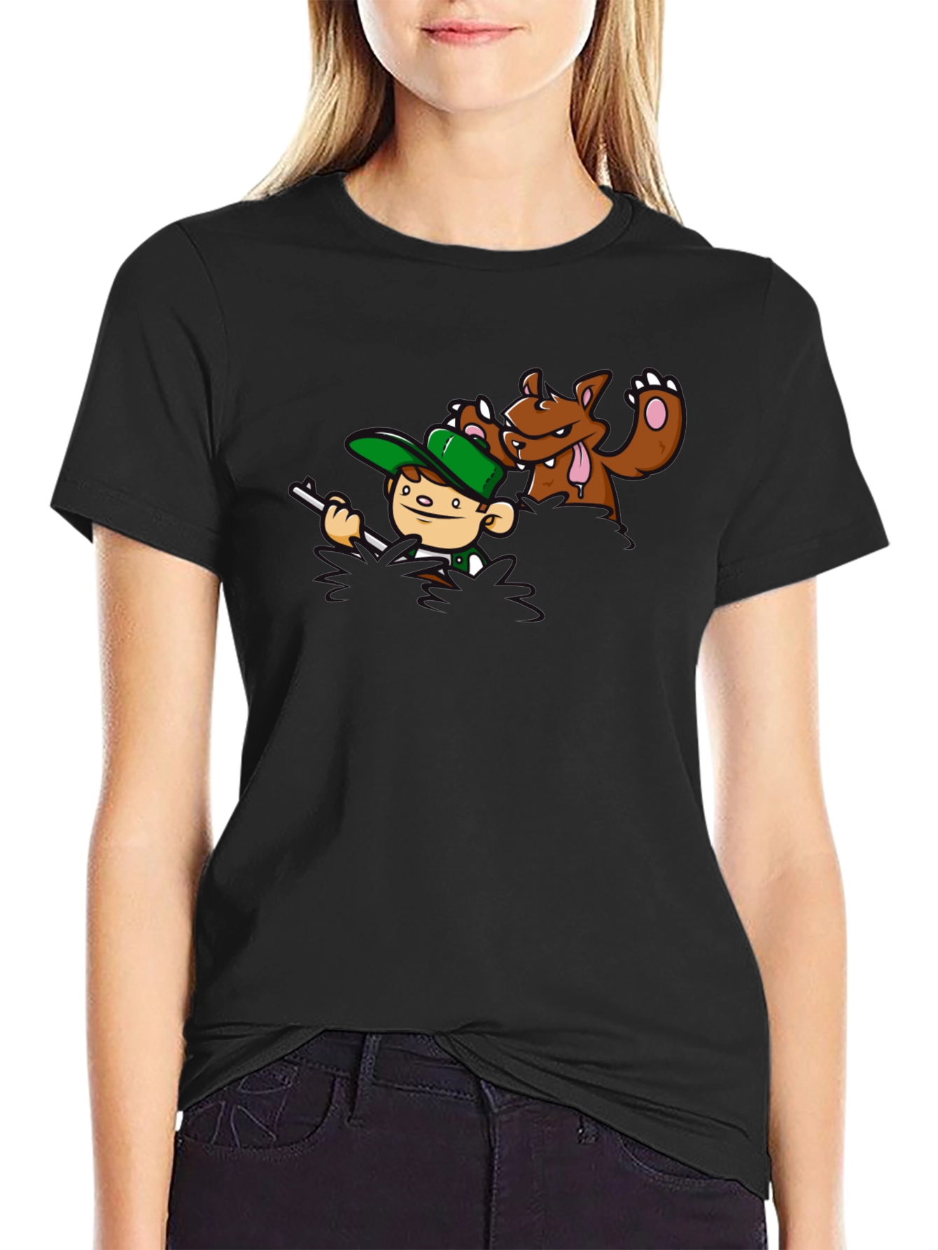 Cartoon Hunter & Bear Black T-Shirt