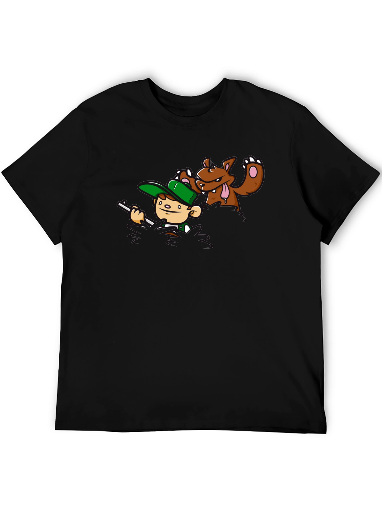 Cartoon Hunter & Bear Black T-Shirt