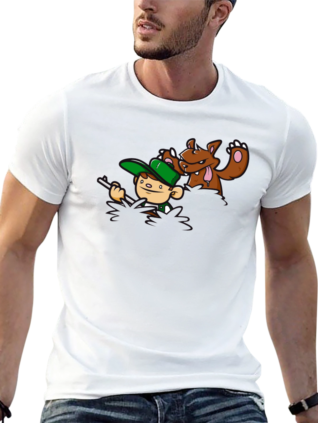 Cartoon Hunter & Bear Black T-Shirt