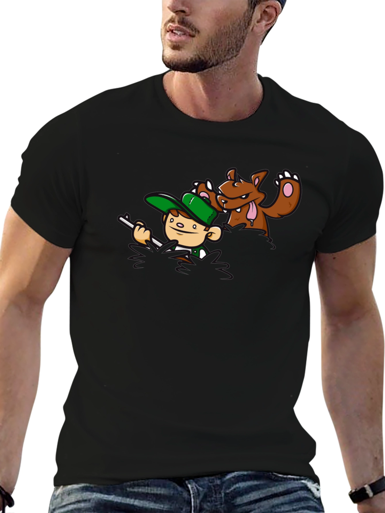 Cartoon Hunter & Bear Black T-Shirt