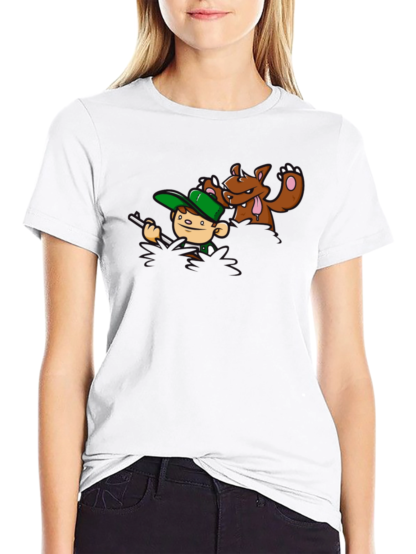 Cartoon Hunter & Bear Black T-Shirt