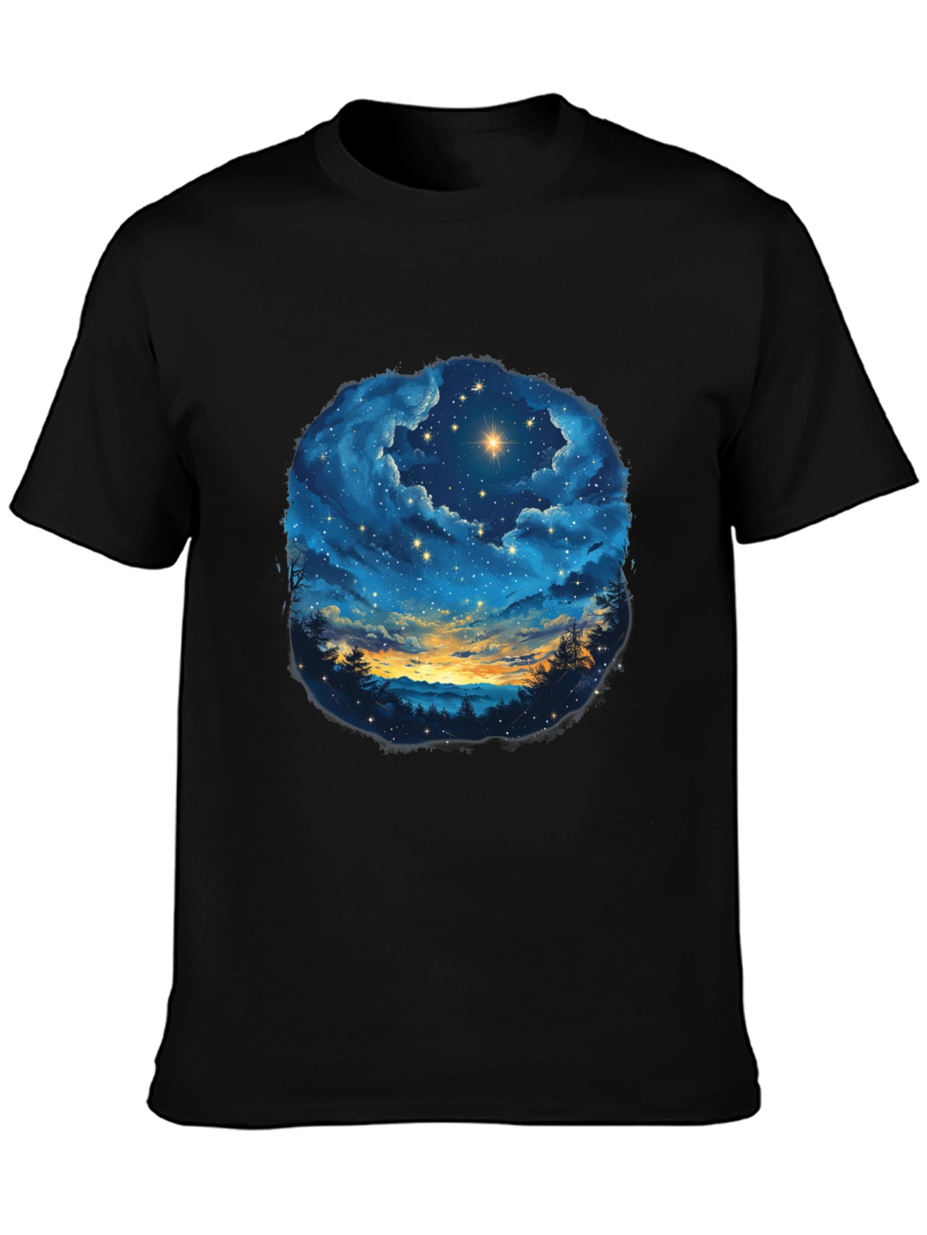 Starry Night Sky Graphic Tee - Black Cotton T-Shirt