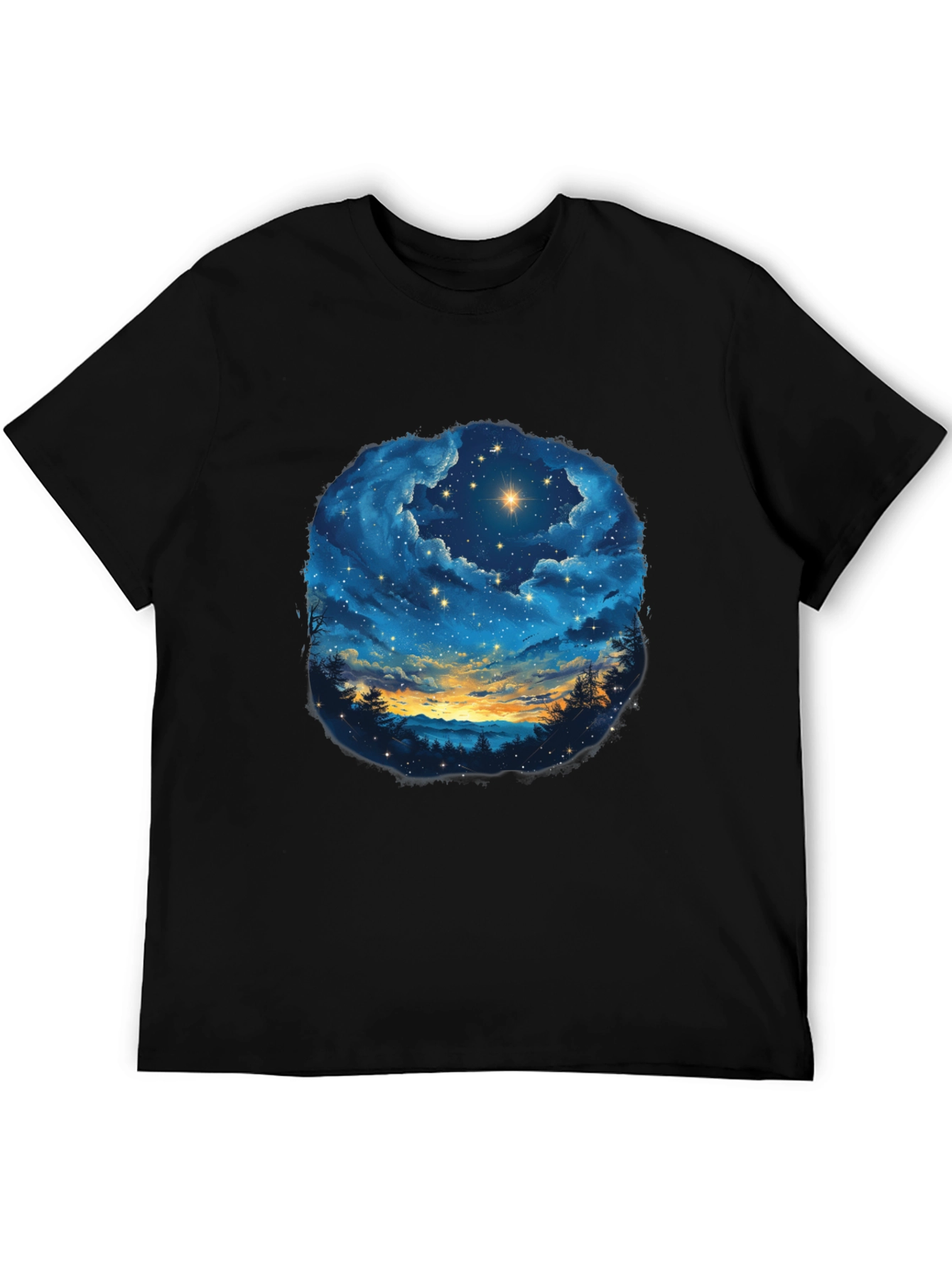 Starry Night Sky Graphic Tee - Black Cotton T-Shirt