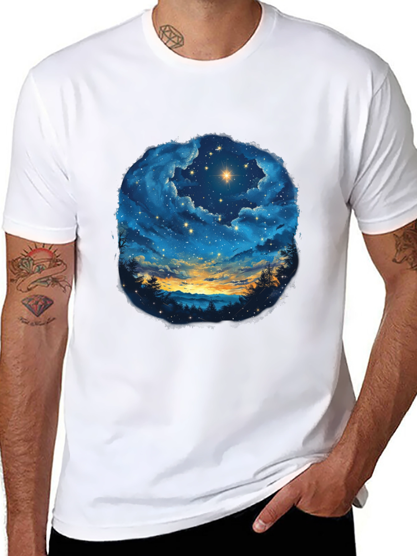 Starry Night Sky Graphic Tee - Black Cotton T-Shirt