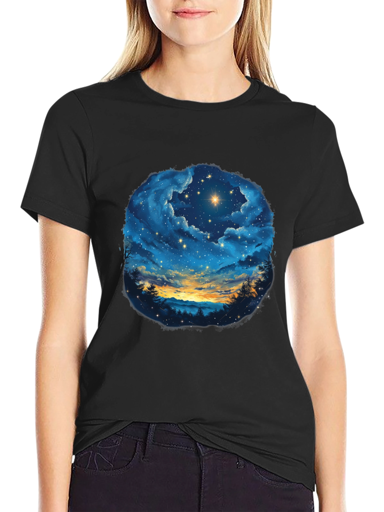 Starry Night Sky Graphic Tee - Black Cotton T-Shirt