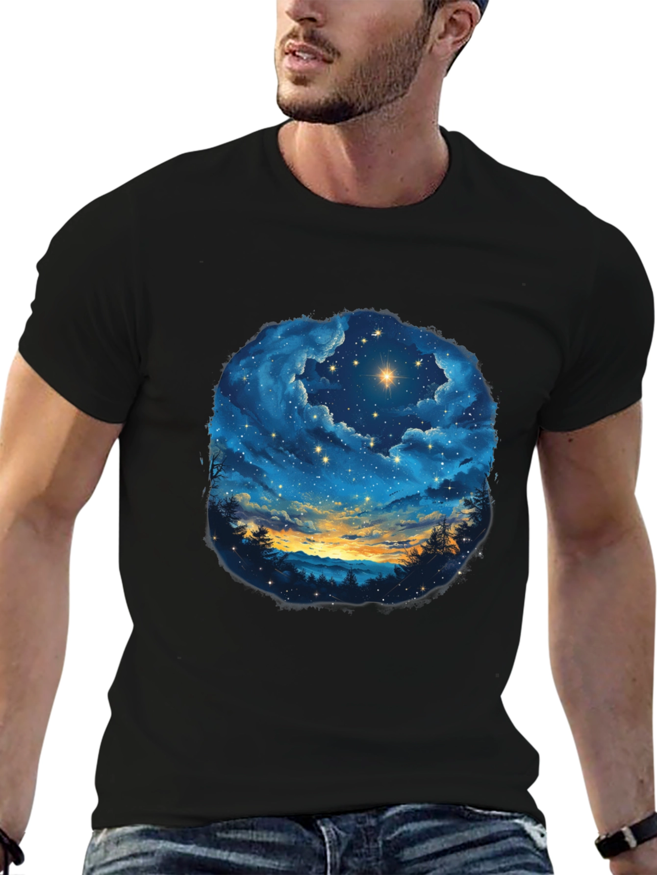 Starry Night Sky Graphic Tee - Black Cotton T-Shirt