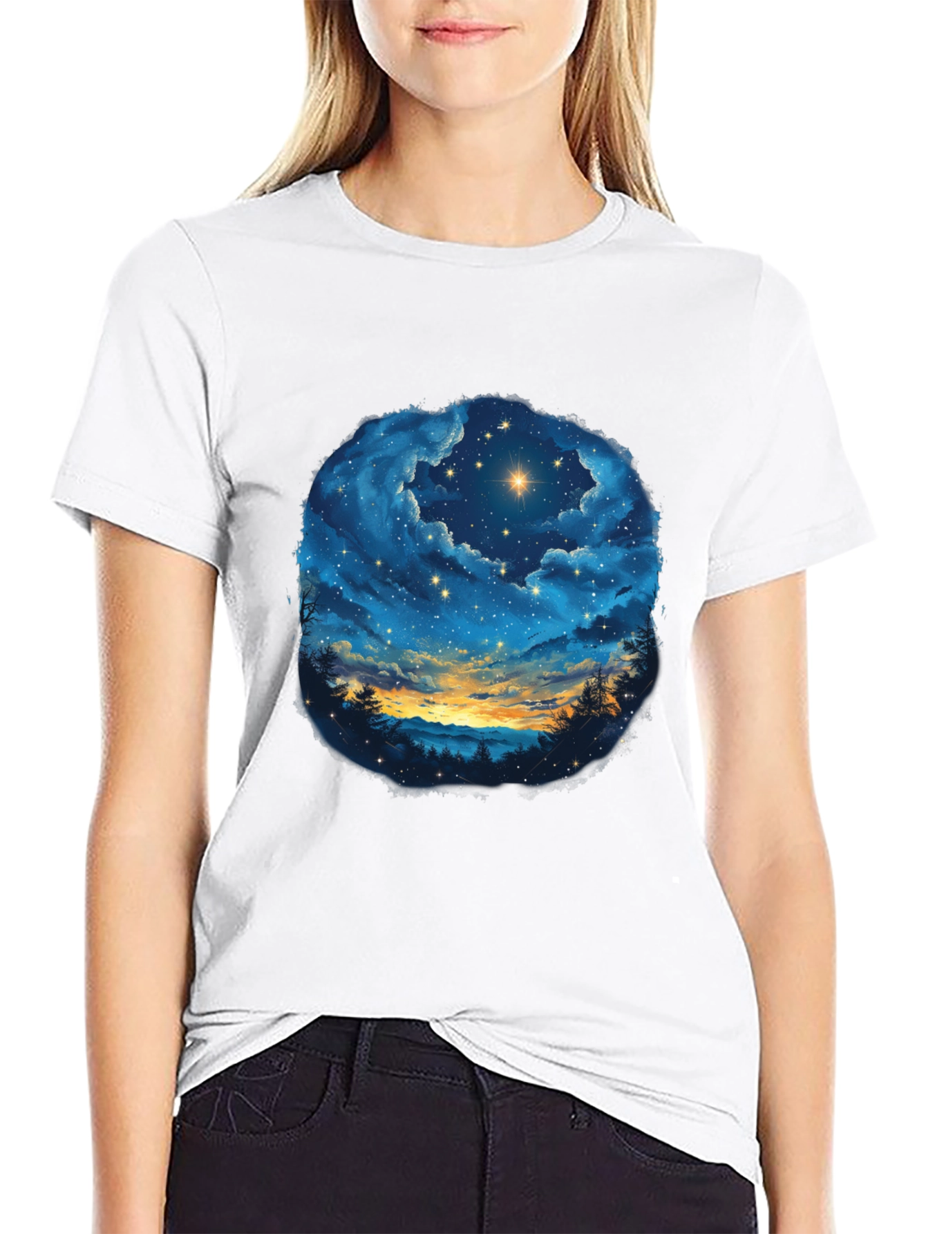 Starry Night Sky Graphic Tee - Black Cotton T-Shirt