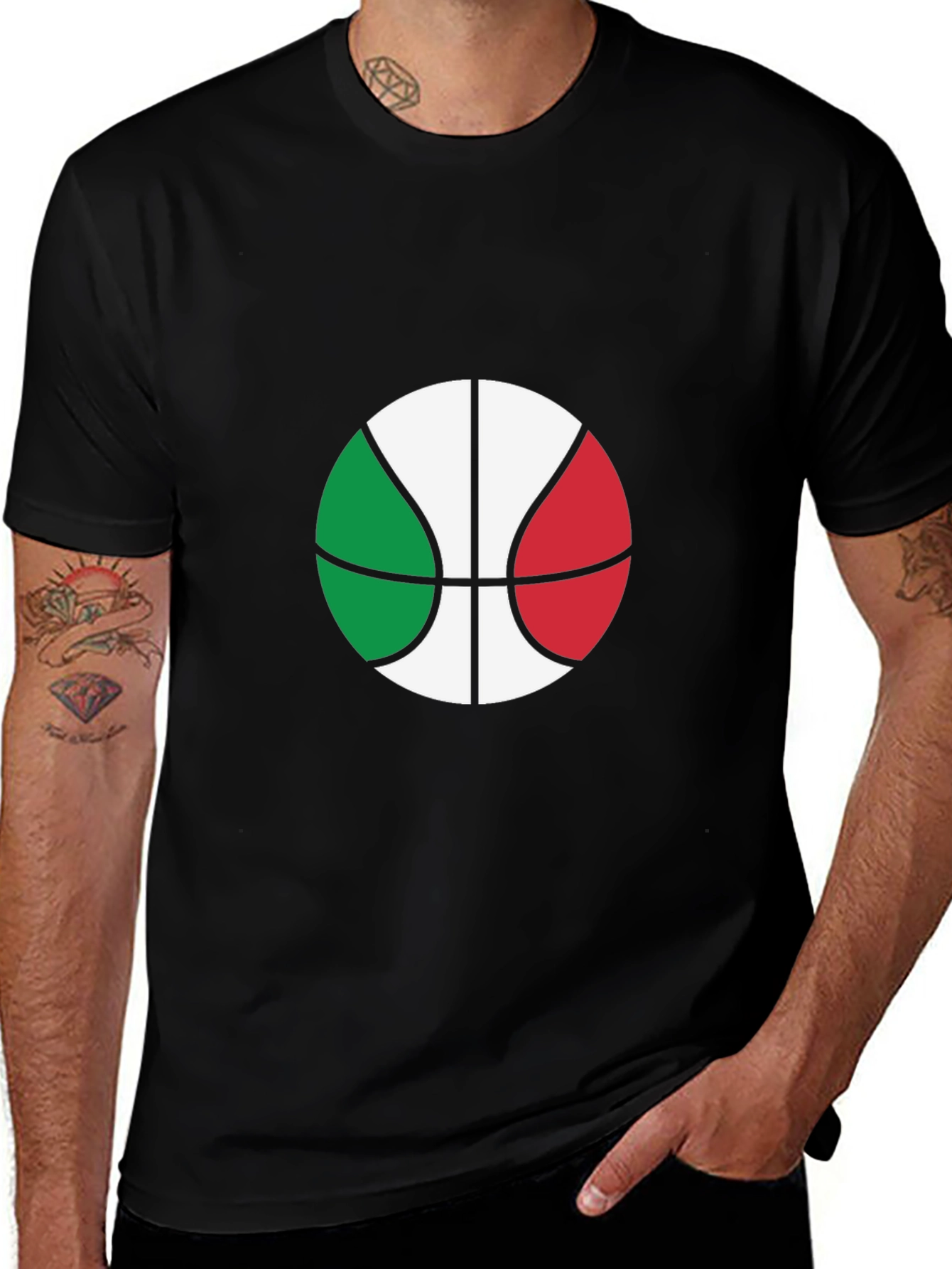 Italian Flag Basketball Graphic Tee - Black Cotton T-Shirt