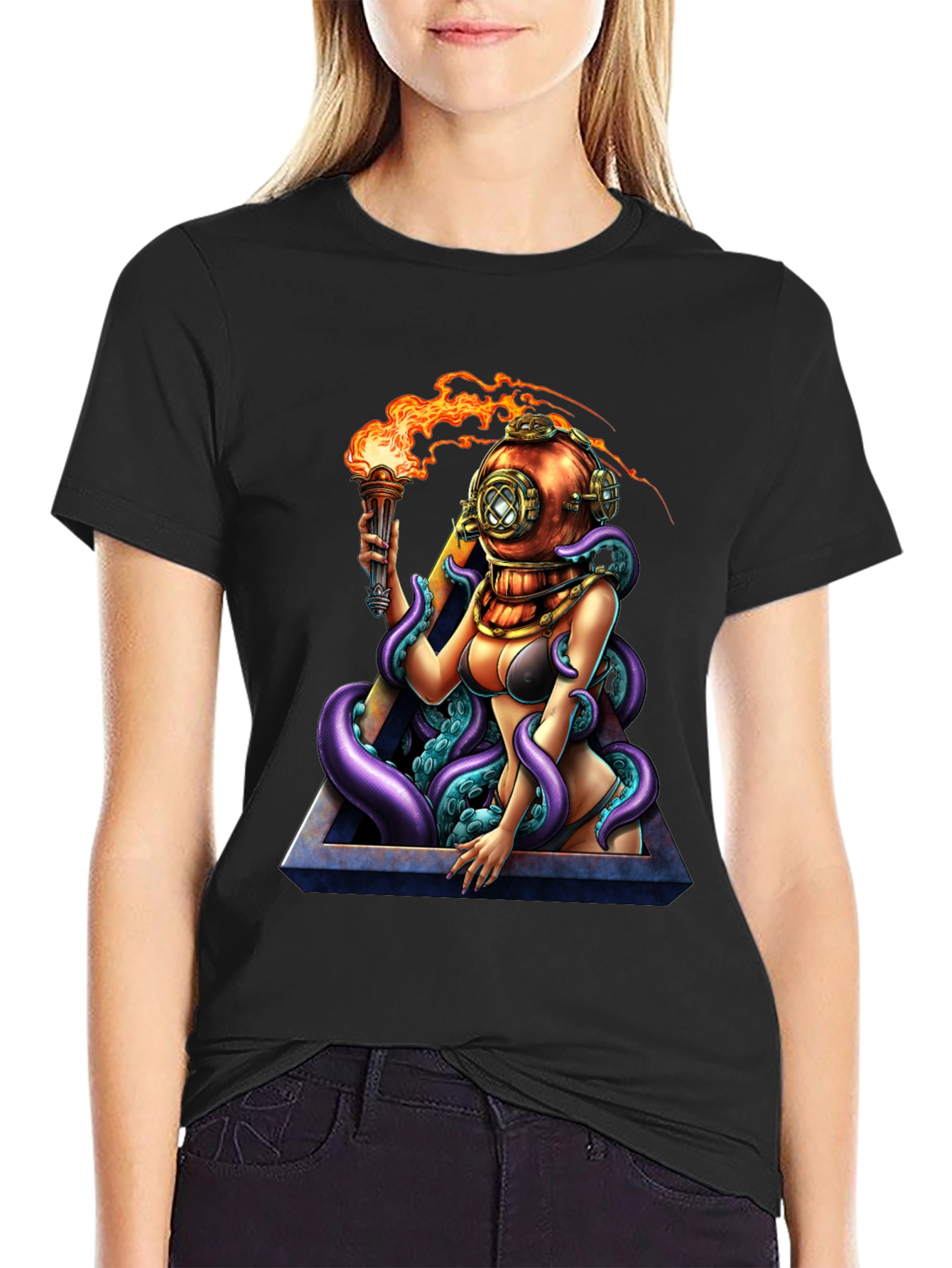 Diver Girl & Octopus Black T-Shirt