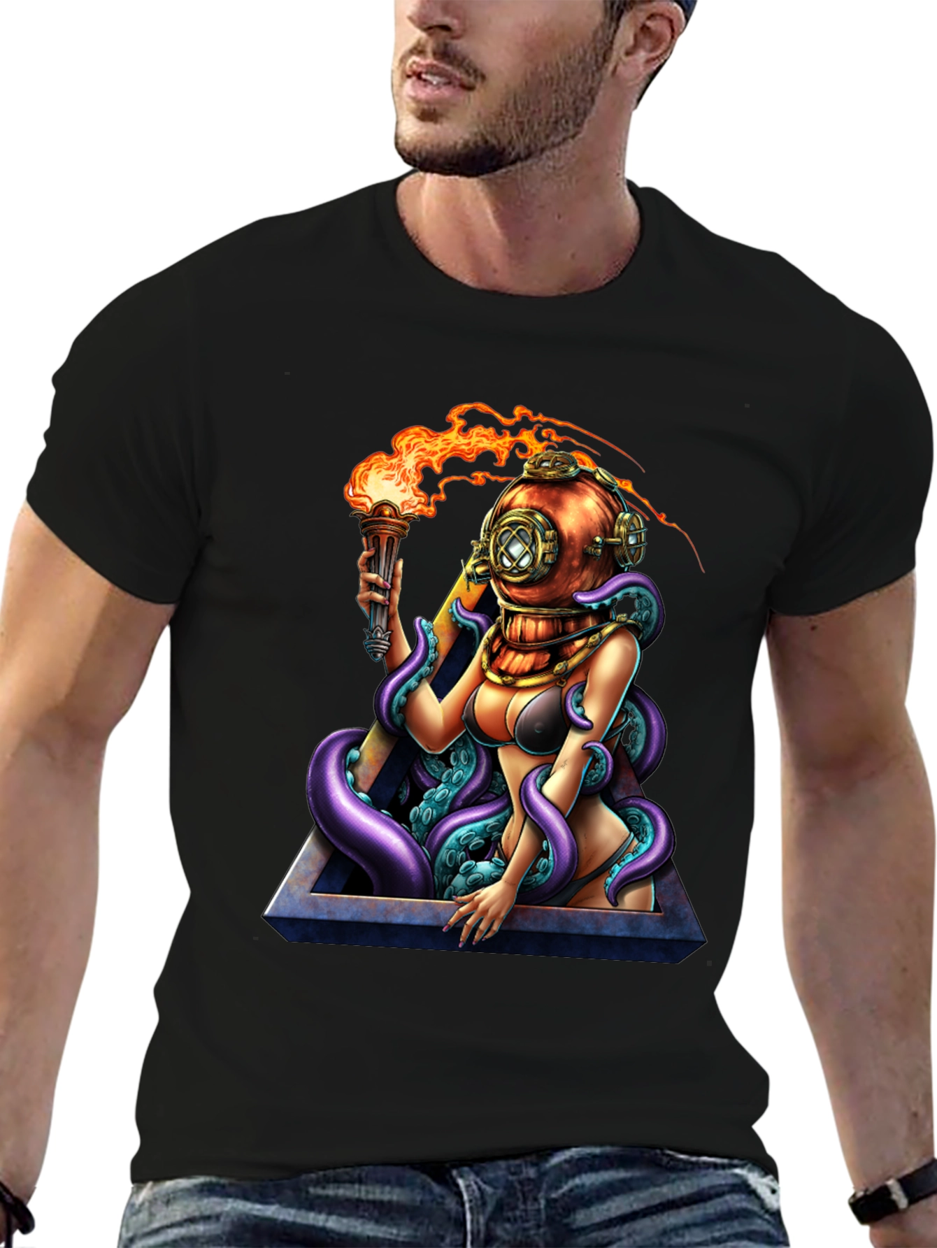 Diver Girl & Octopus Black T-Shirt