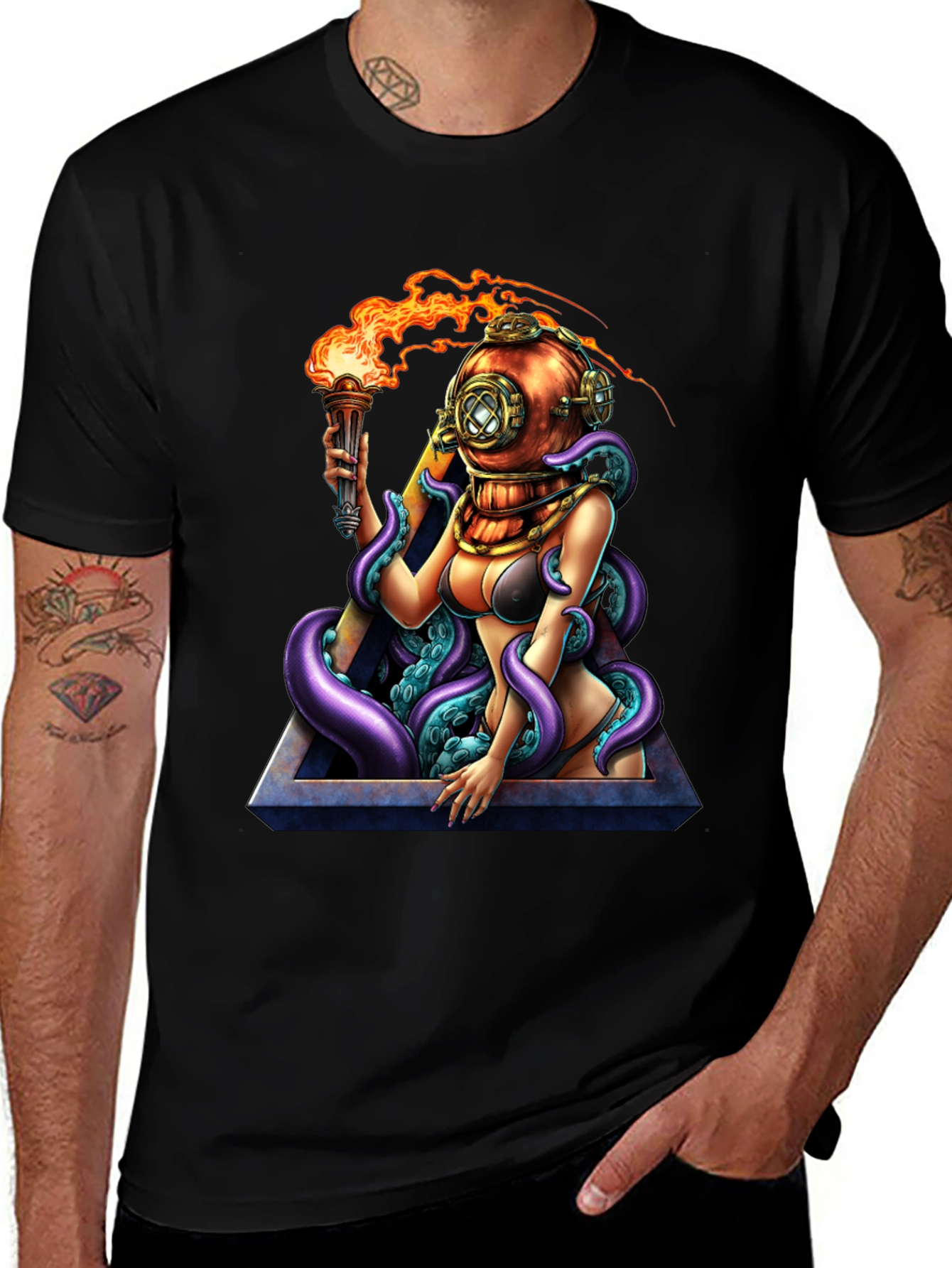 Diver Girl & Octopus Black T-Shirt
