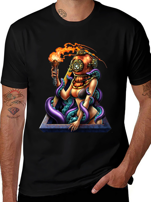 Diver Girl & Octopus Black T-Shirt