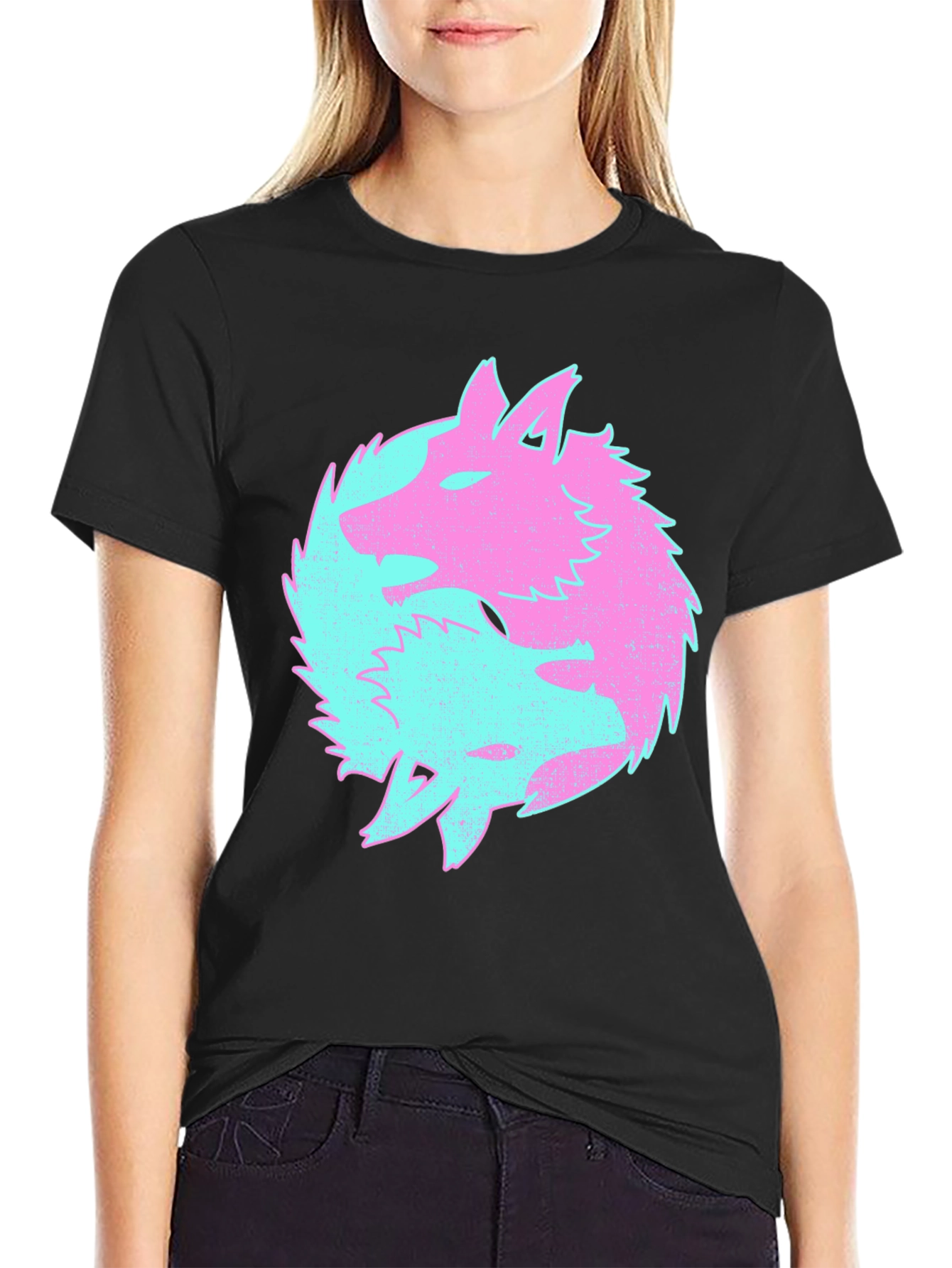 Yin Yang Wolves Graphic Tee - Black Cotton T-Shirt