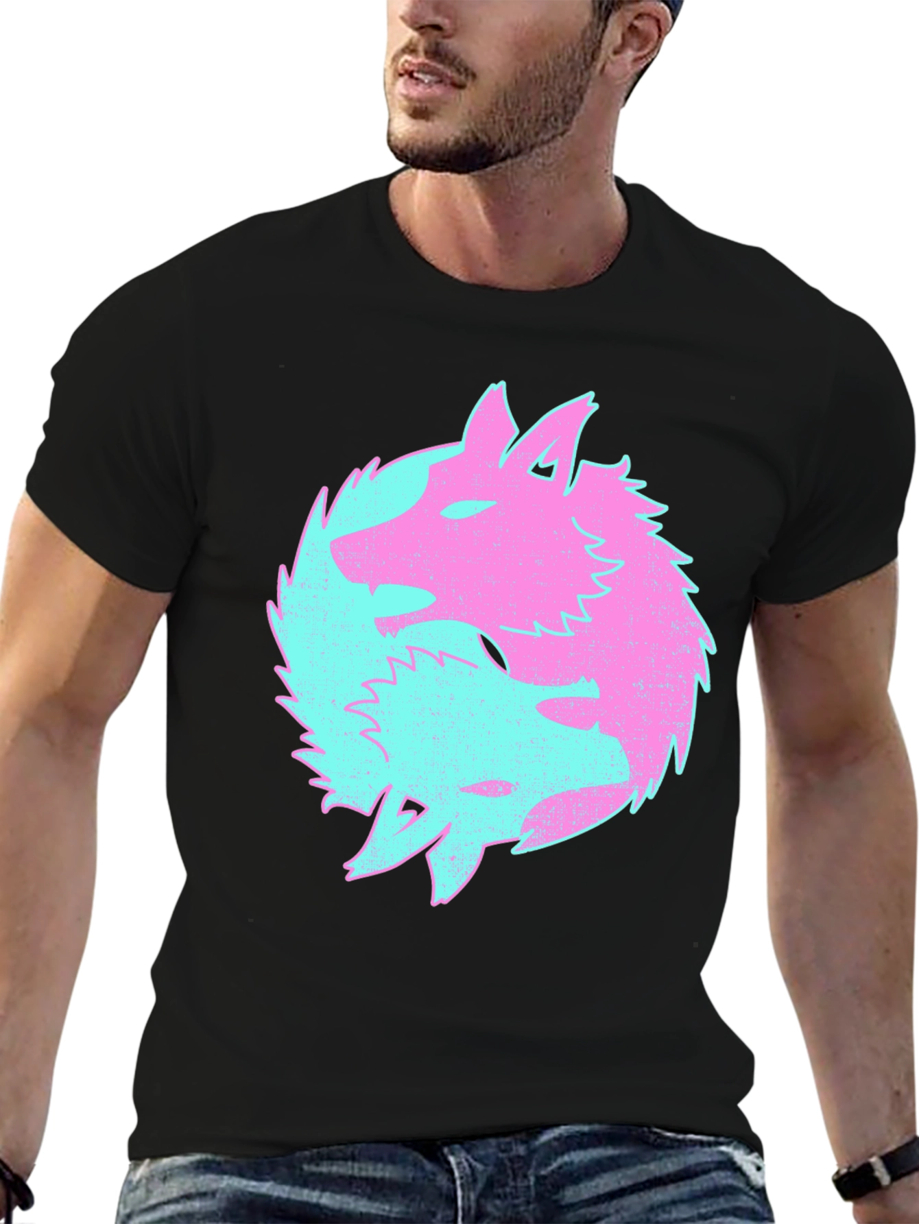 Yin Yang Wolves Graphic Tee - Black Cotton T-Shirt
