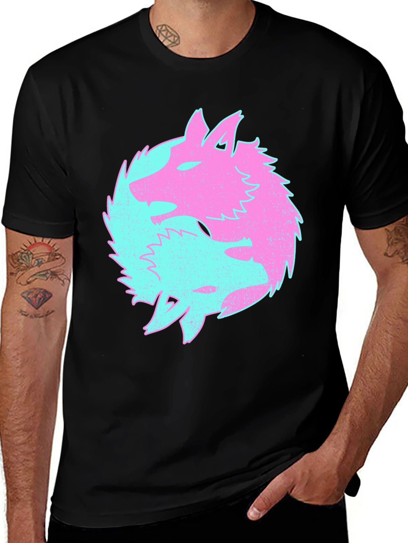 Yin Yang Wolves Graphic Tee - Black Cotton T-Shirt