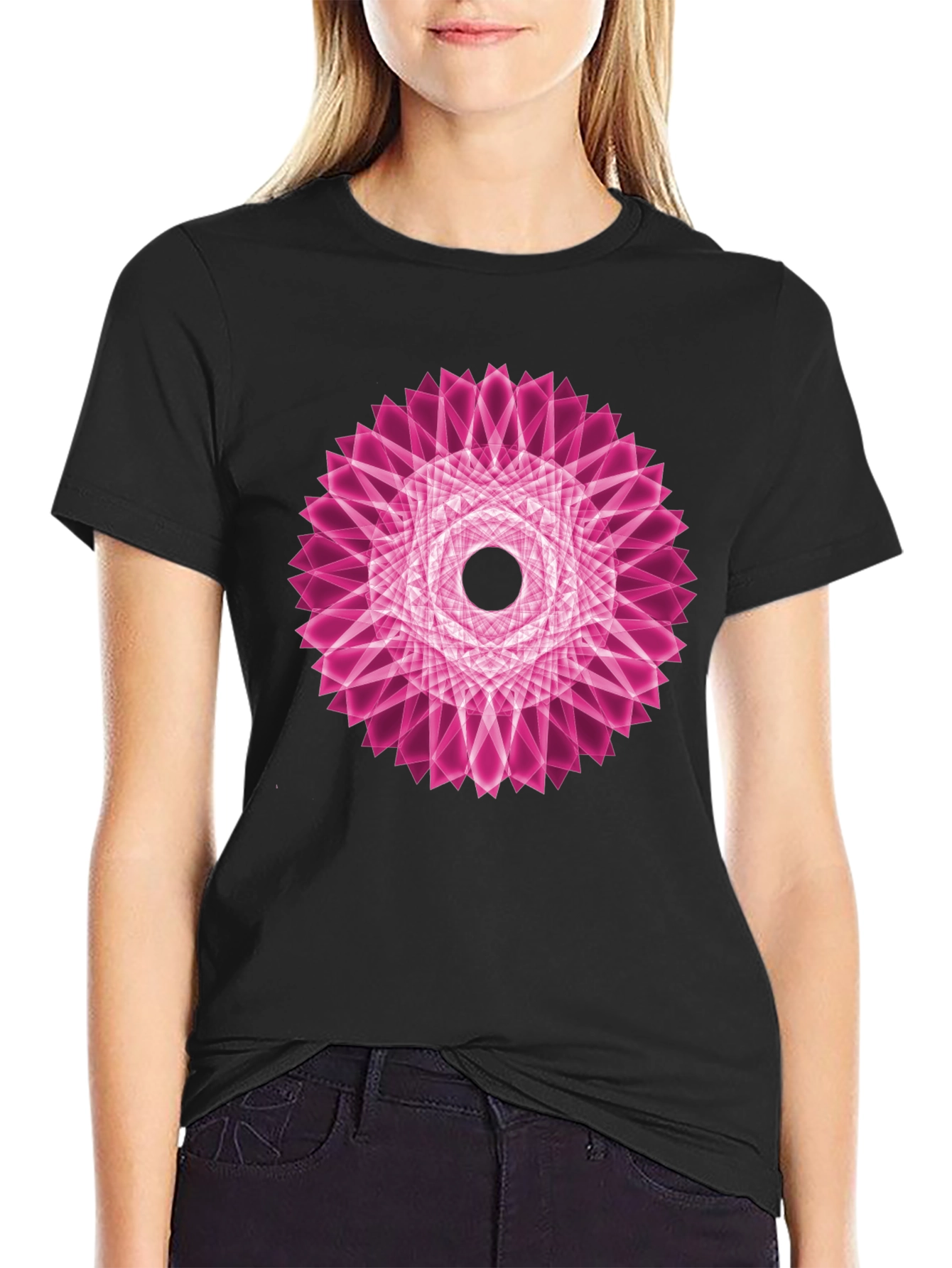 Geometric Pink Mandala Black T-Shirt