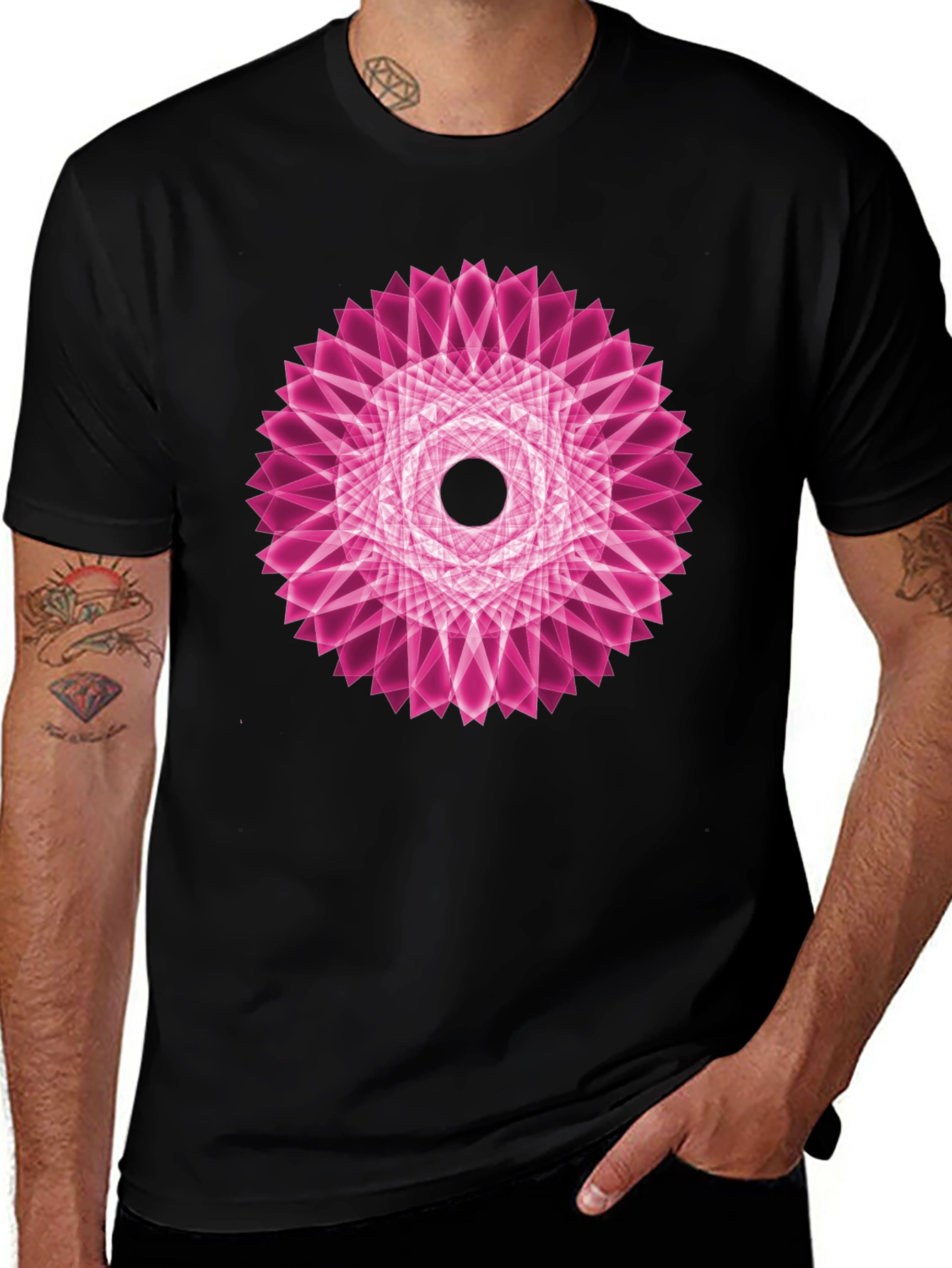 Geometric Pink Mandala Black T-Shirt