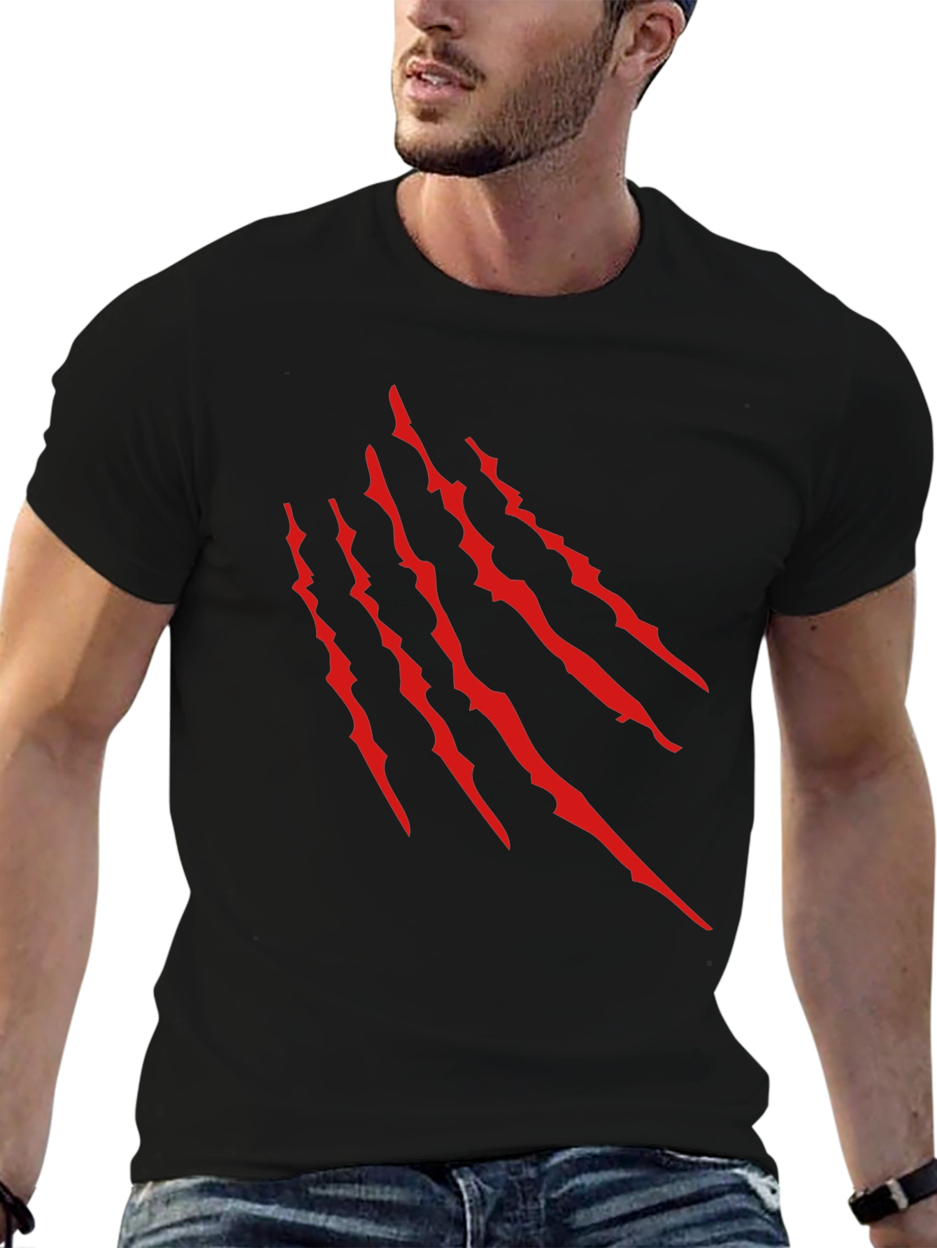 Black T-Shirt with Red Claw Scratch Design