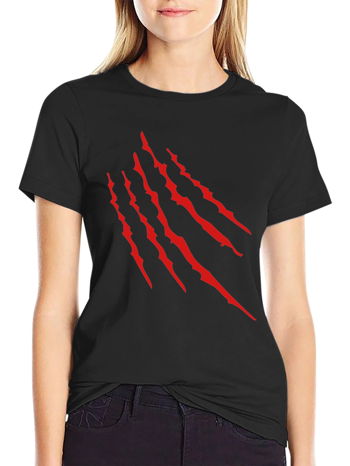 Black T-Shirt with Red Claw Scratch Design