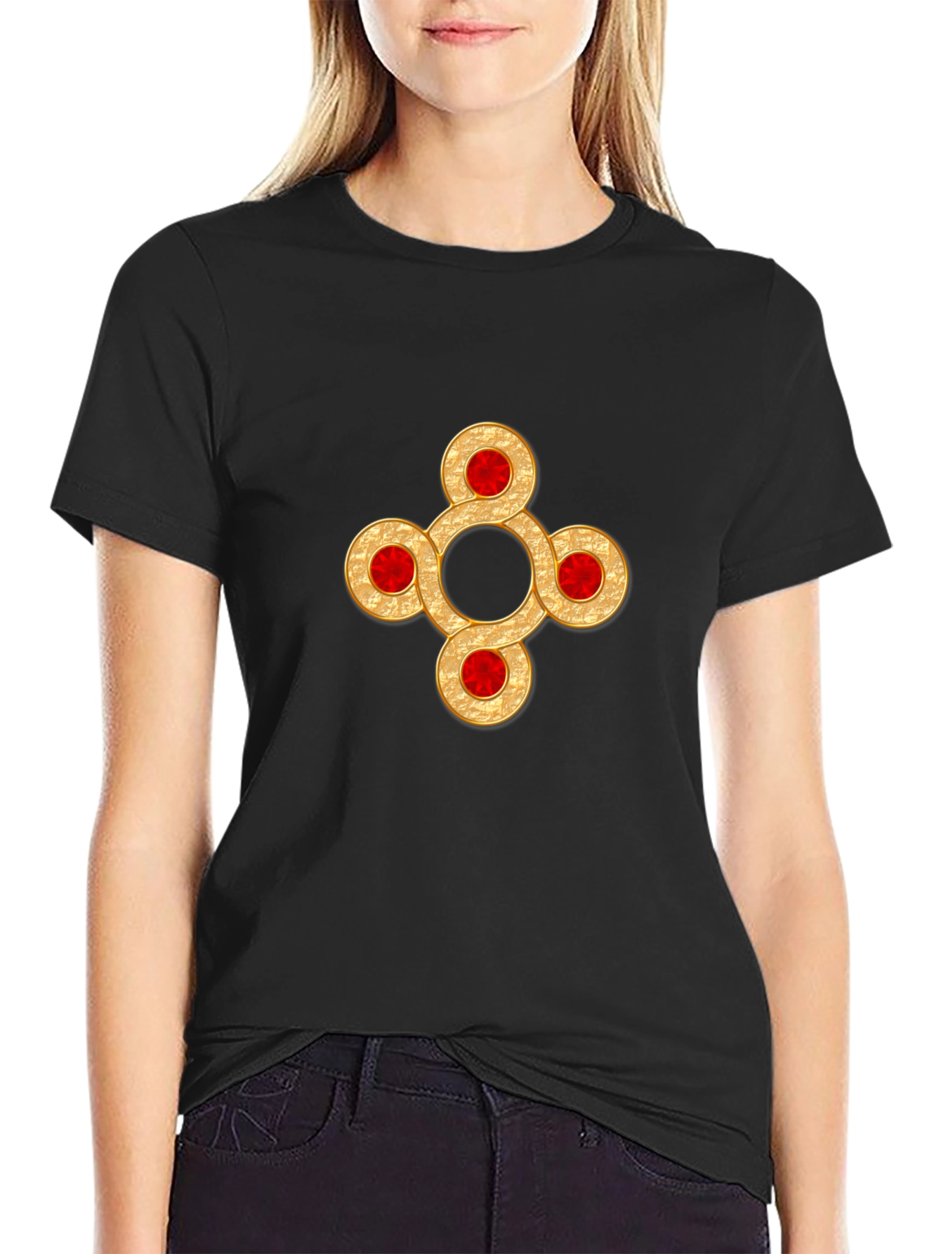 Ornate Golden Jewel Design Black T-Shirt
