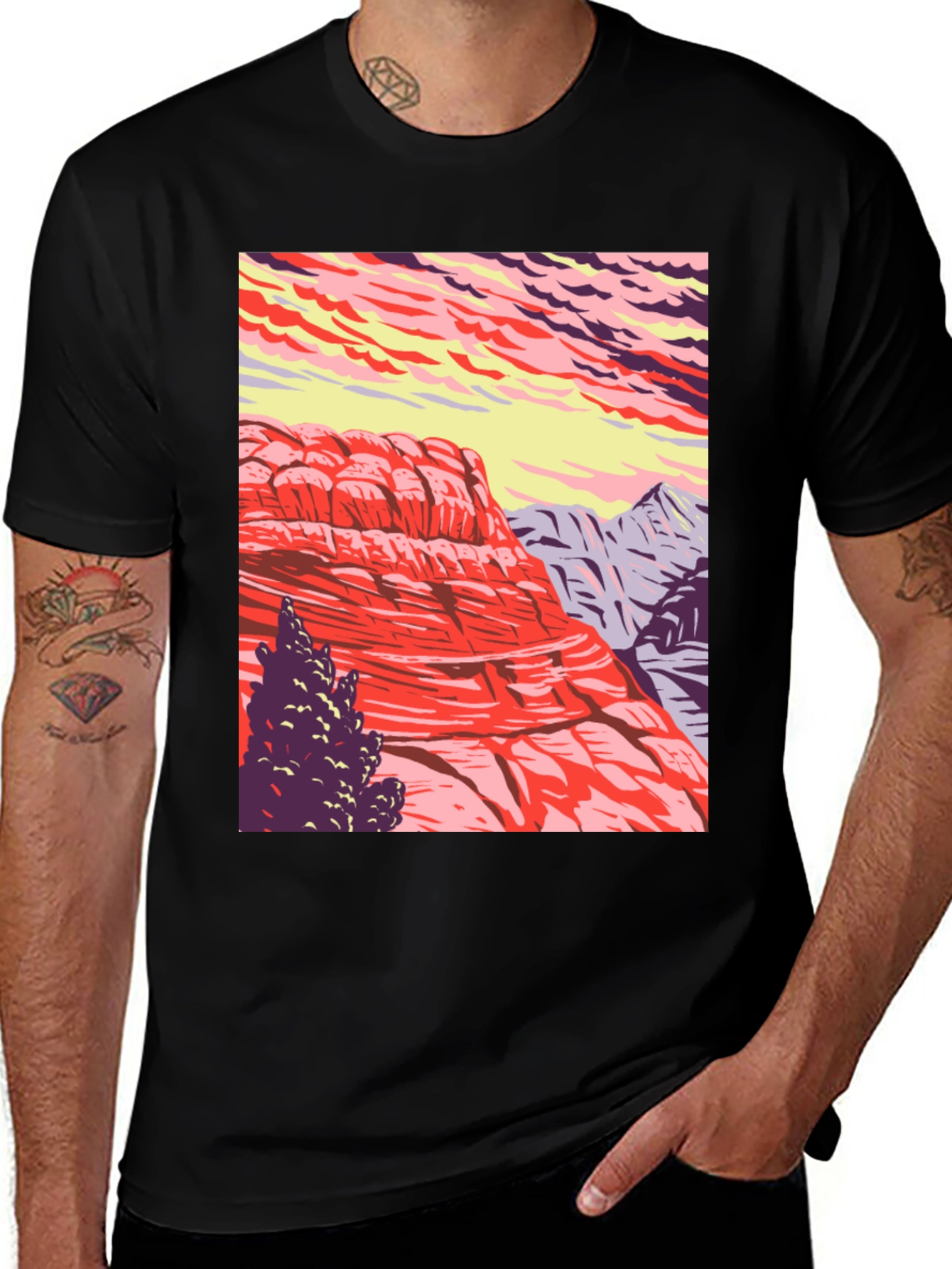 Mountain Landscape Graphic Tee - Nature Inspired Black T-Shirt