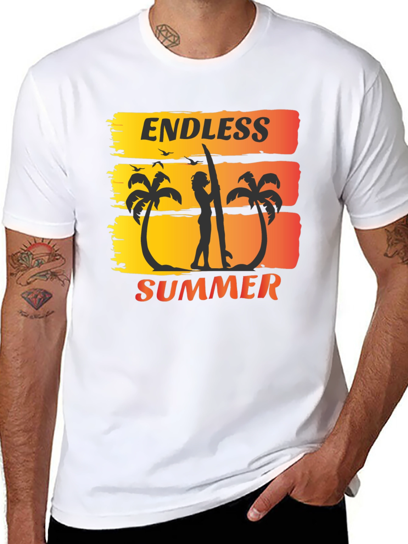 Endless Summer Graphic Tee - Surfer Palm Tree Design